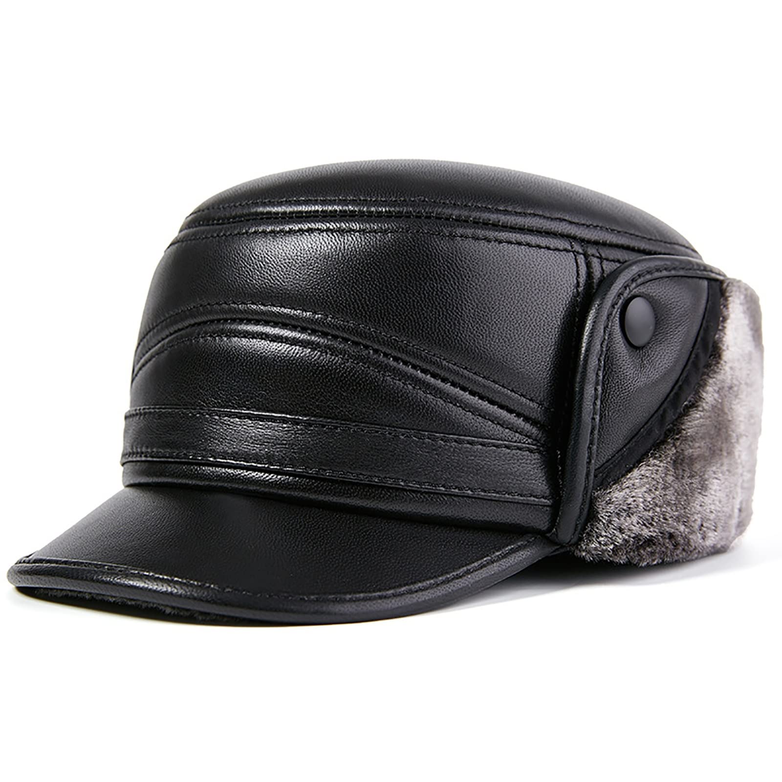 WHSPORT Uomo Berretto Baseball con Visiera e Paraorecchie Pelle Cappello Sportivo Berretto Invernale Berretto Caldo Cappello da Caccia (Color : Black Gray, Size : 57-58)