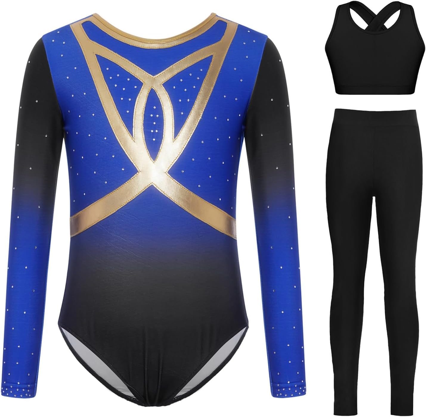 Gymnastics Leotards for Girls Long Sleeve Sparkle Biketard Dance Unitard Vest with Leggings Set Activewear