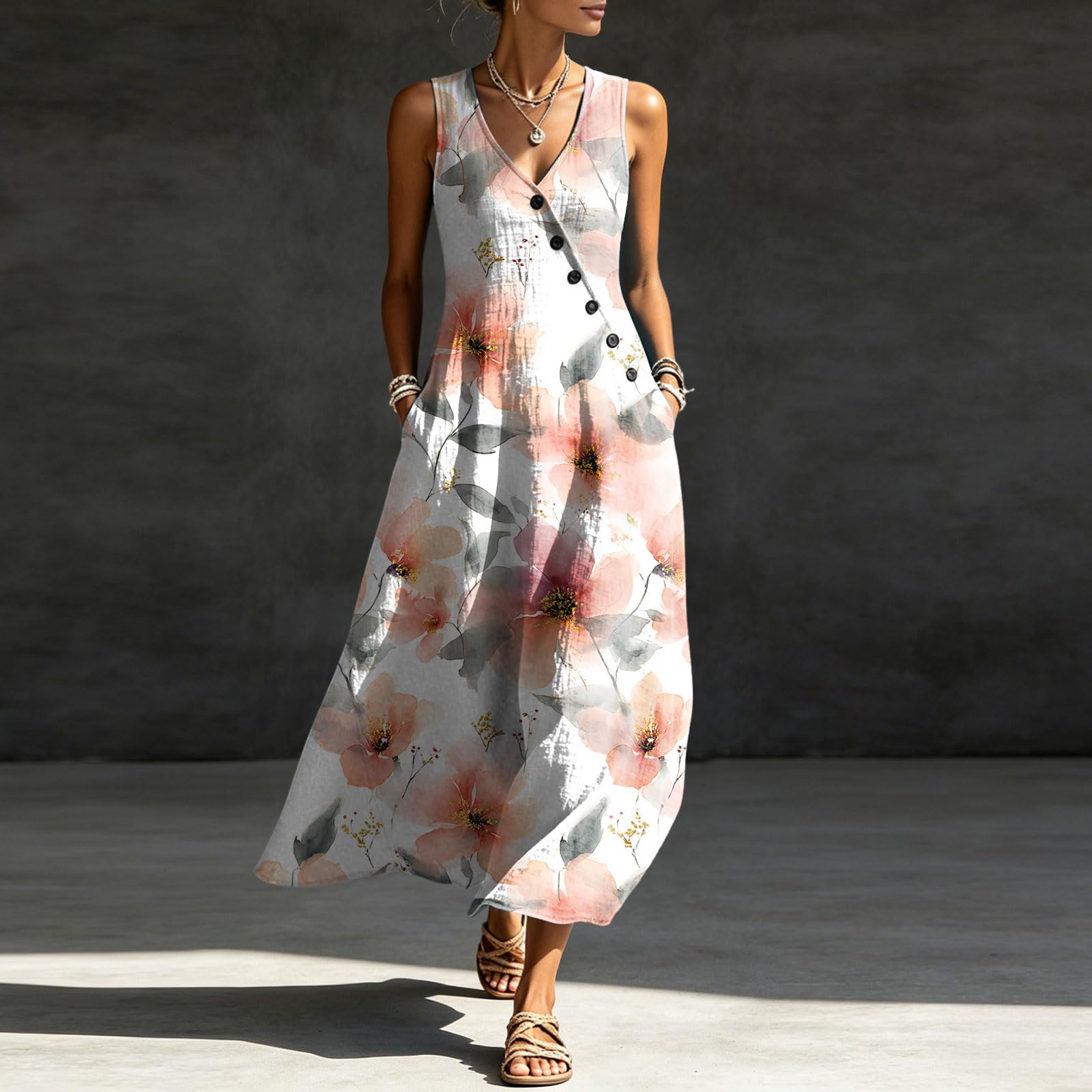 Abbigliamento Estivo Abito Estivo da Donna Senza Maniche con Fantasia Floreale, Bottoni Asimmetrici e Scollo a V. Vestito Mare Donna