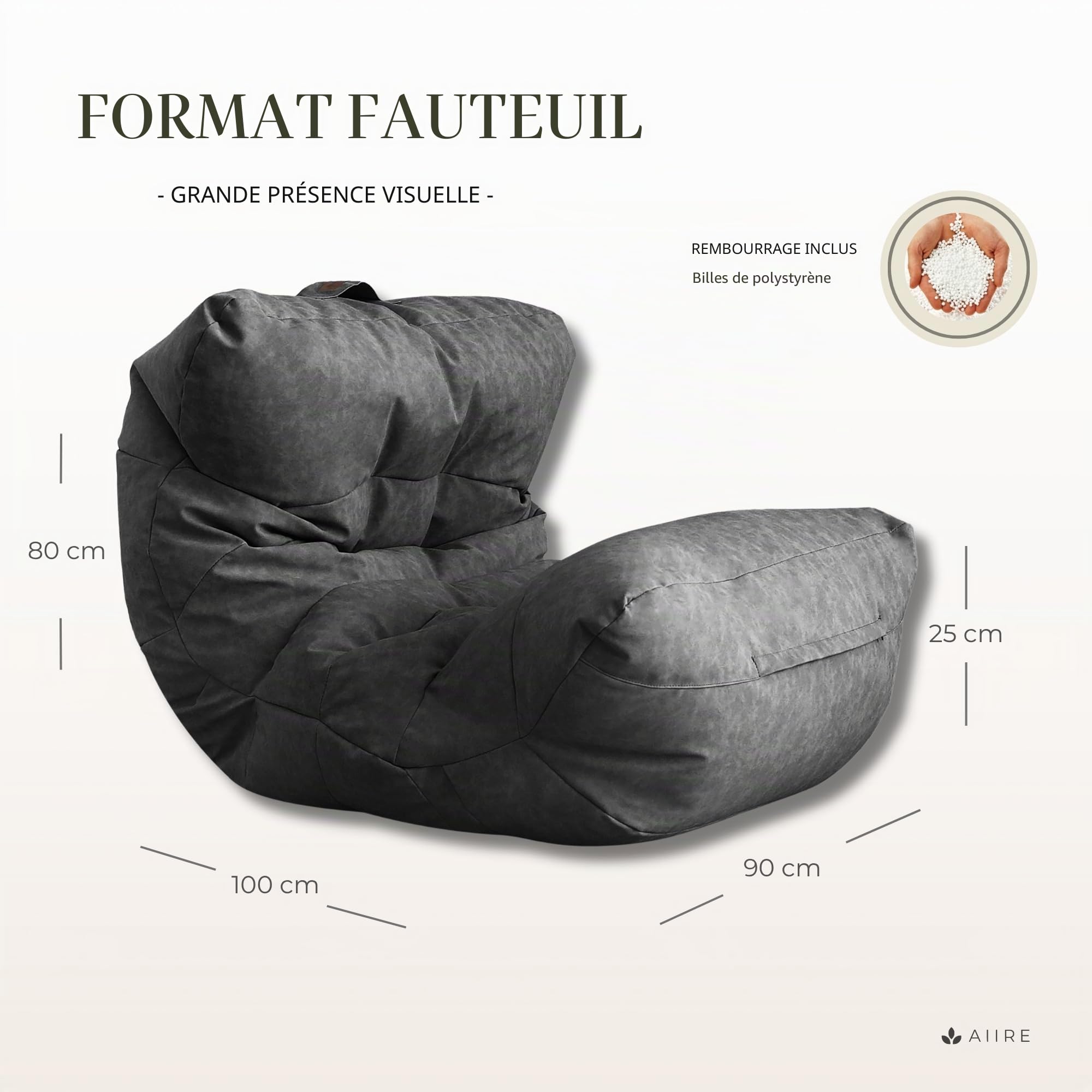 Aiire Fauteuil Pouf Salon Moderne - Pouffe Géant Interieur Adulte ou Ado avec Remplissage pour Décoration de la Chambre – Gros Bean Bag XXL ou Coussin de Sol Gris Foncé