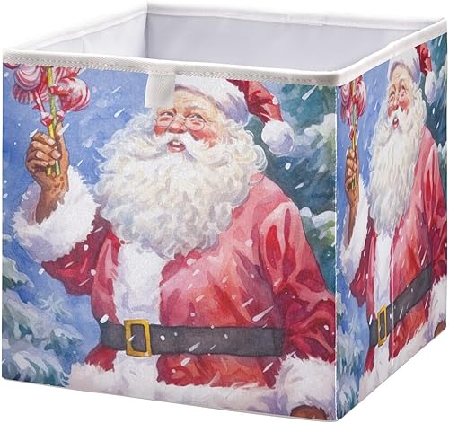 Emelivor Winter Santa Candy Christmas Cube Storage Bin Fabric Storage Cubes Collapsible Foldable Storage Baskets Organizer Containers for Shelves