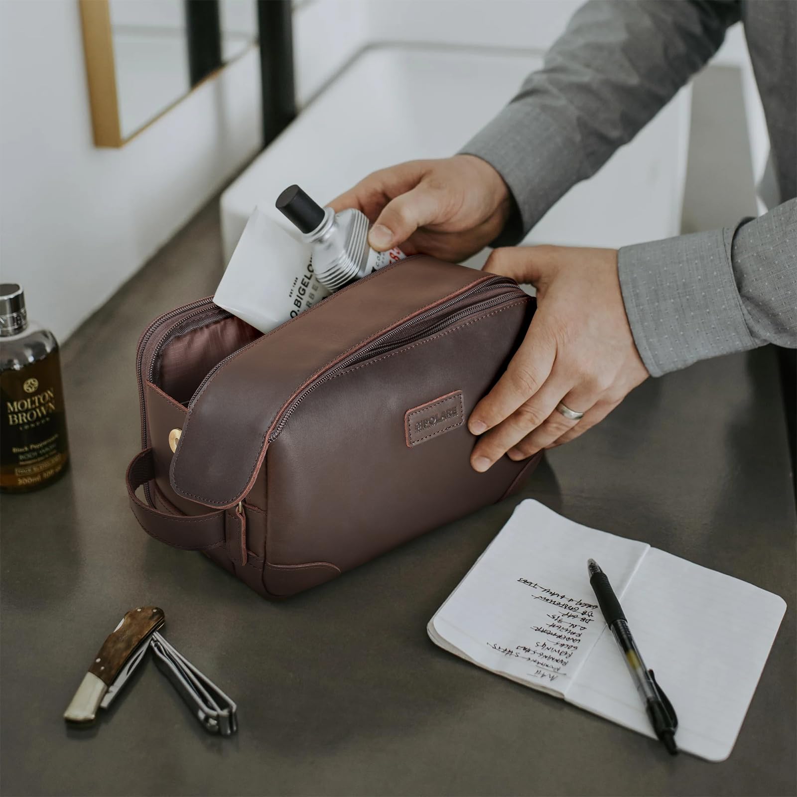 Polare Reise-Kulturbeutel aus Vollnarbenleder, groß, Kosmetiktasche, Rasierset, Waschen mit YKK-Reißverschlüssen, Dunkelbraun, Retro