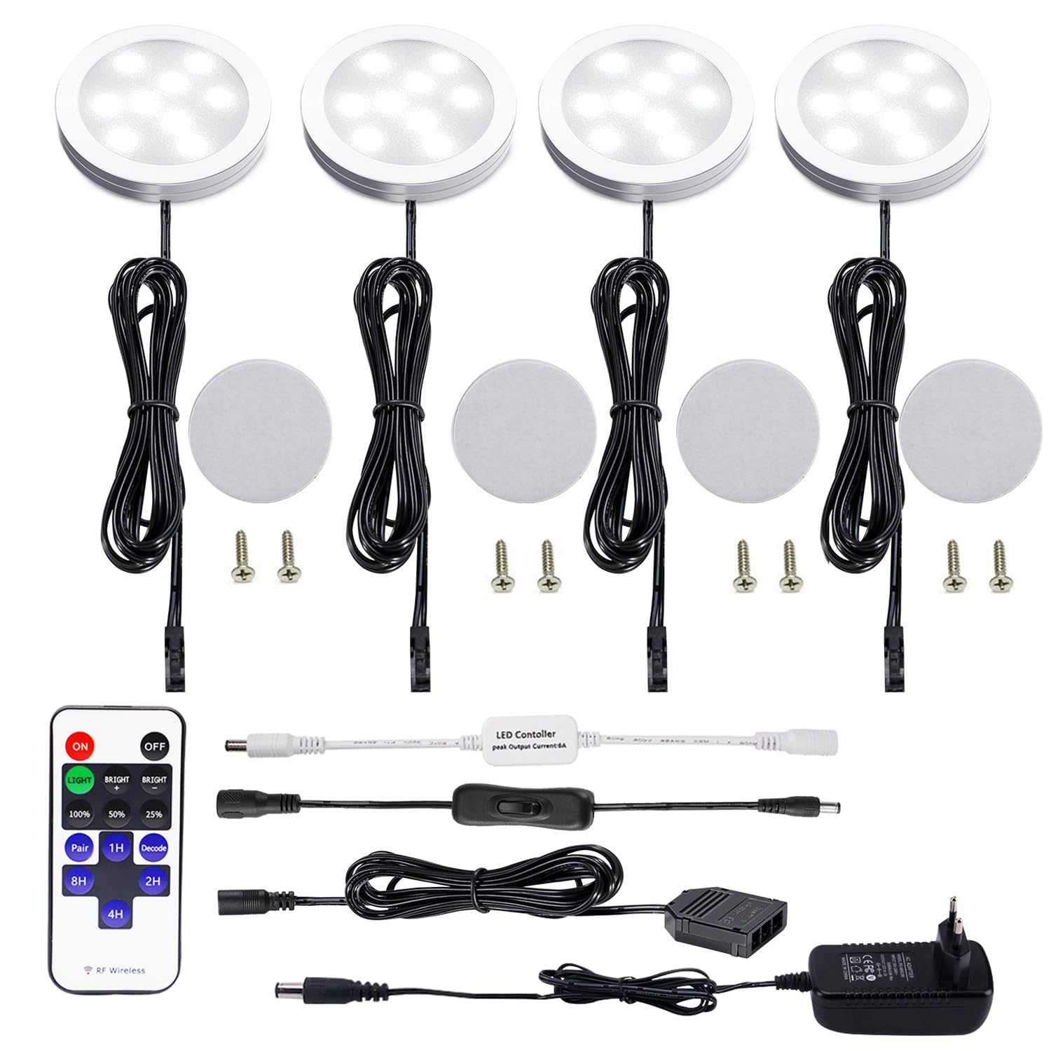 AIBOO Lot de 4 spots LED pour cuisine, 230 V, avec télécommande, à intensité variable, 12 V, avec câble, pour armoire, armoire, cuisine, 8 W, blanc froid