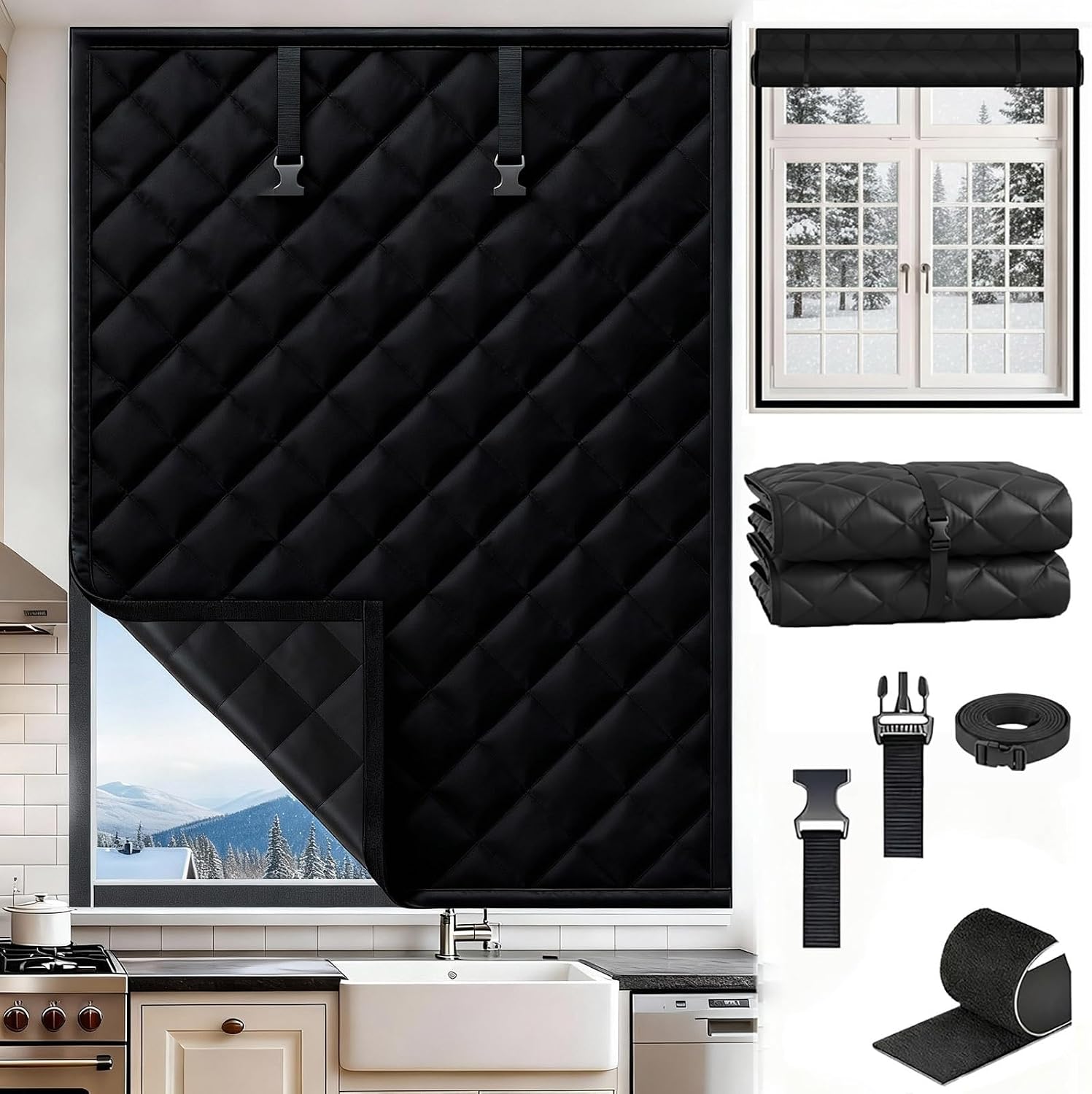 Window Insulation Kit for Winter, Thermal Curtain with Heavy Cotton Oxford Cloth, 20" 28" 32" 36" 48" 72" Cold Weather Insulated Window Cover for Bedroom RV Attic to Keep Heat Warm(Black,20x47in)