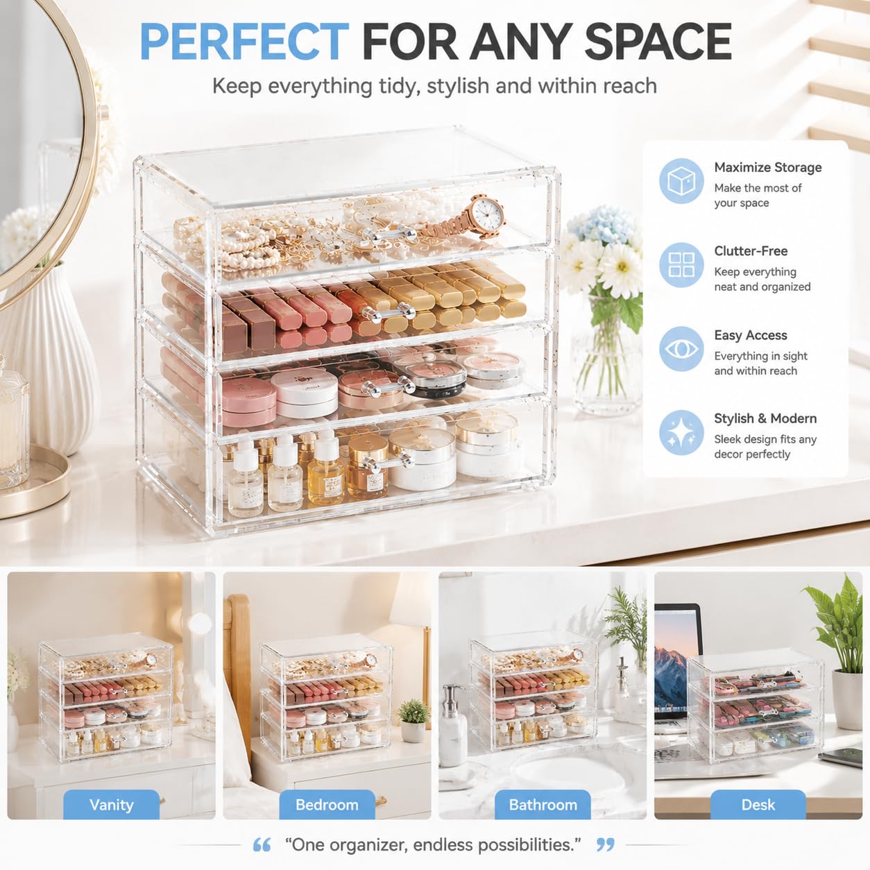 Healeved Scatola di immagazzinaggio di trucco acrilico 4 cassetti Desktop Cosmetic Organizer Grande Caso di trucco domestico a quattro strati per cosmetici da tavolo Vanity