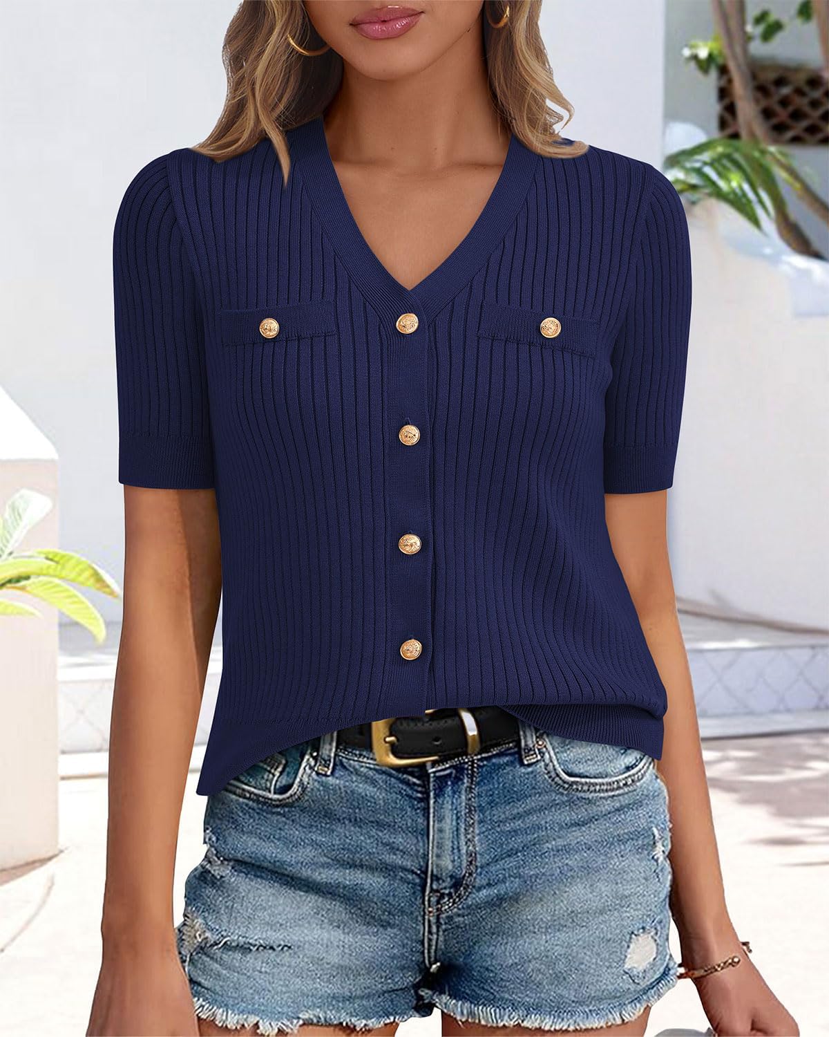 Zenlonr Women's 2025 Summer Button Down Shirts Casual Short Sleeve Blouse Tops V Neck Ribbed Knit Cardigans - Image 2