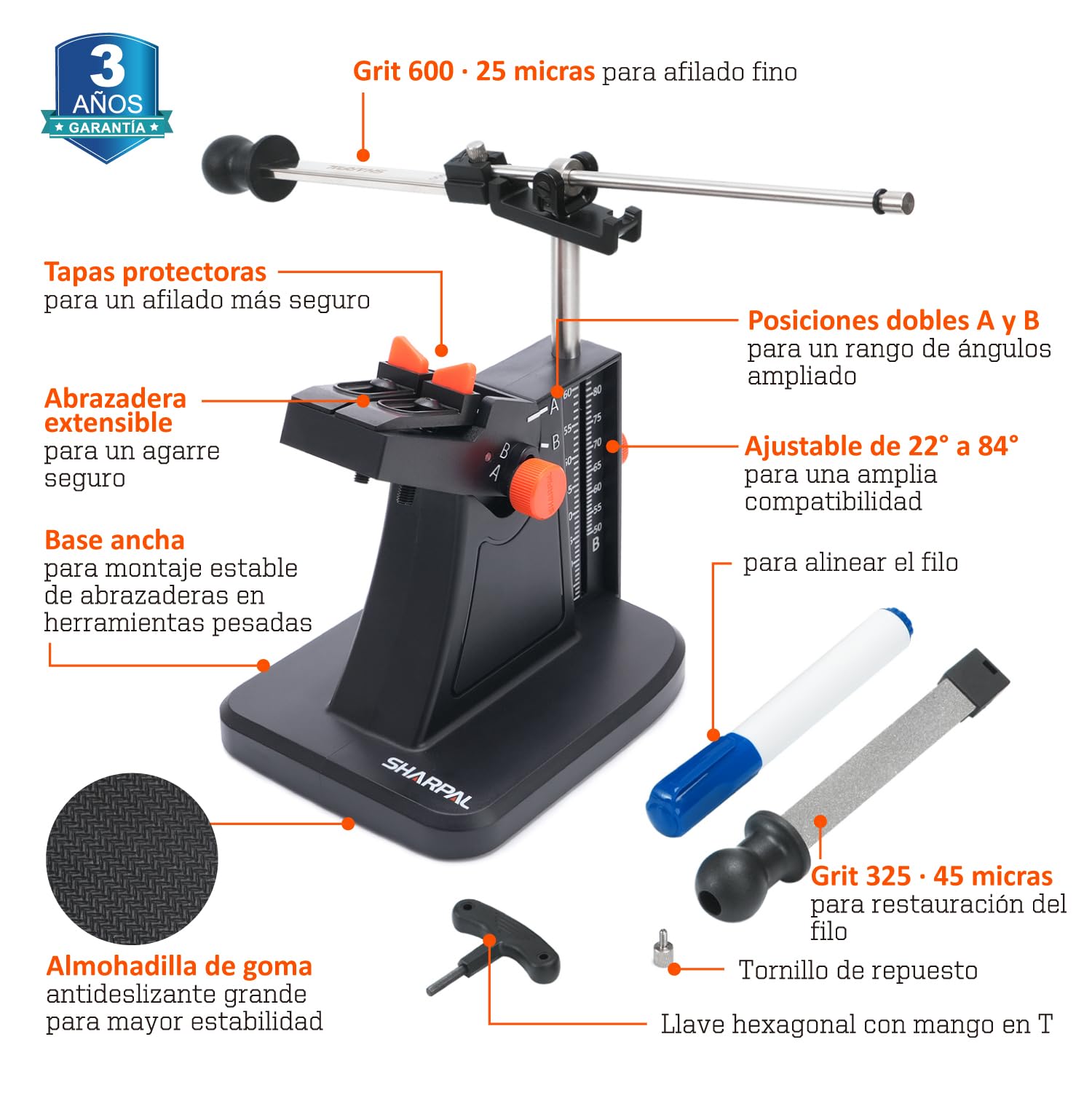 SHARPAL 201H - Afilador de diamante para tijeras y herramientas de jardín, ángulo de 22° a 84°, grano 325/600 | Afila cocina, cortadora de pelo, tijeras de costura, cortacésped, cortadoras de ramas y