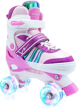 Roller Skates for Girls Kids Boys,4 Size Adjustable Indoor Outdoor Quad Rollerskates with Light up Wheels for Beginners Ages 3-12