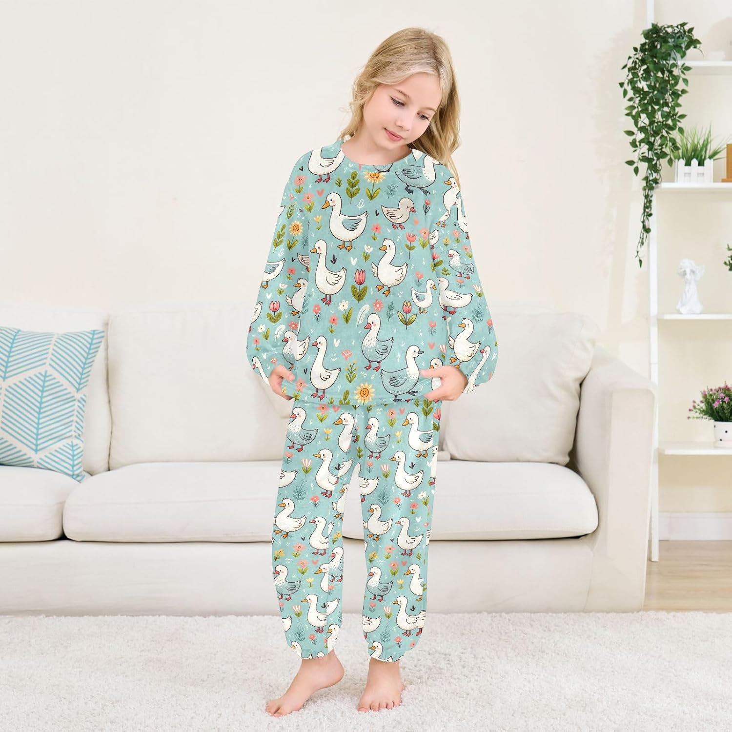 Kids Flannel Sets Hand Drawn Spring Pattern with Cute Cartoon Goose Warm Plush Relaxed Clothing for Boys and Girls
