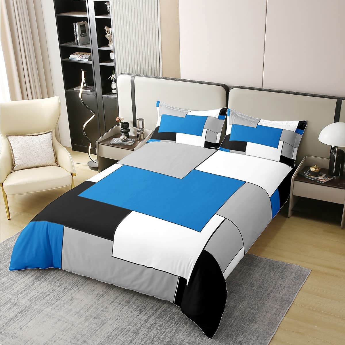 Geometryczny zestaw pościeli w 100% bawełnianej pościeli 200 x 200 cm - nowoczesny kwadratowy zestaw poszewek na kołdrę do sypialni damskiej - czarny, szary, biały wystrój - stylowy zestaw pościeli z