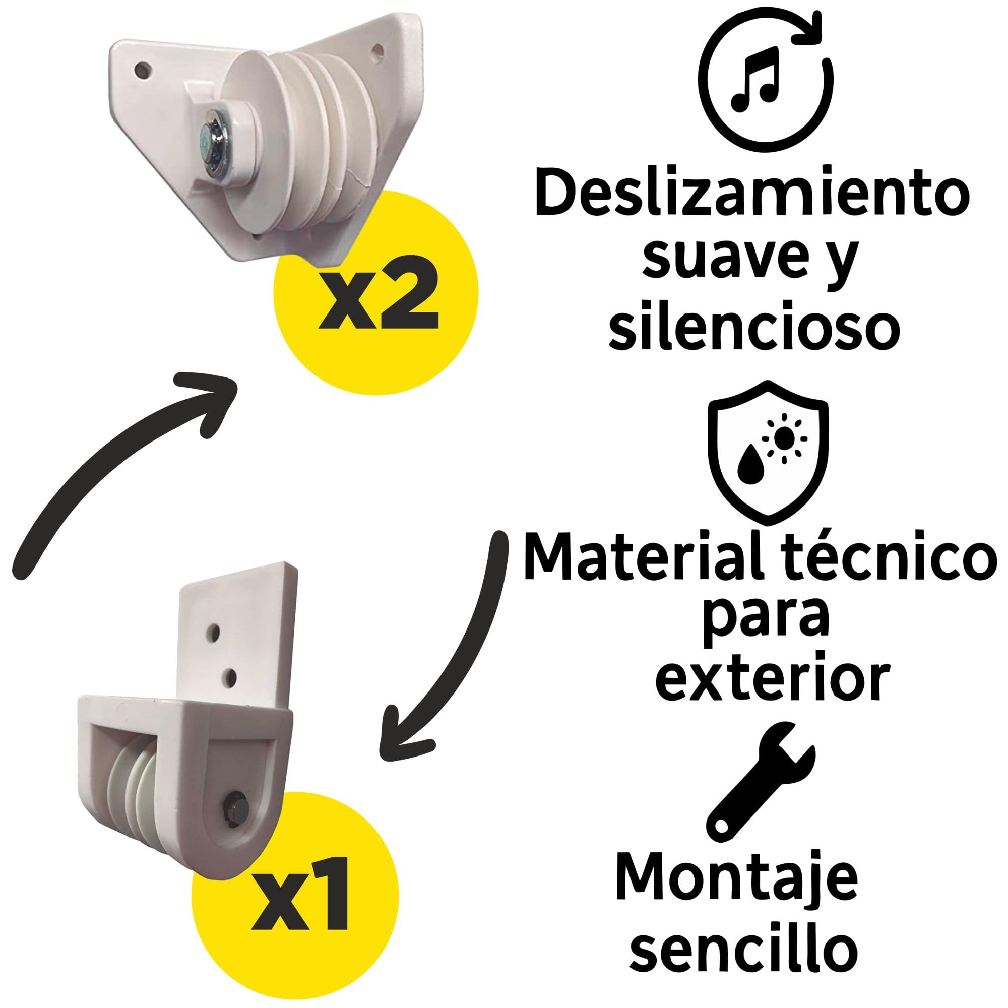 Teletoldo Kit de poulies pour pergola coulissante Blanc | 3 poulies (2 centrales + 1 latérale) | Nylon silencieux + goupille métallique | pour corde Ø5-6 mm | jusqu'à 7 x 7 m