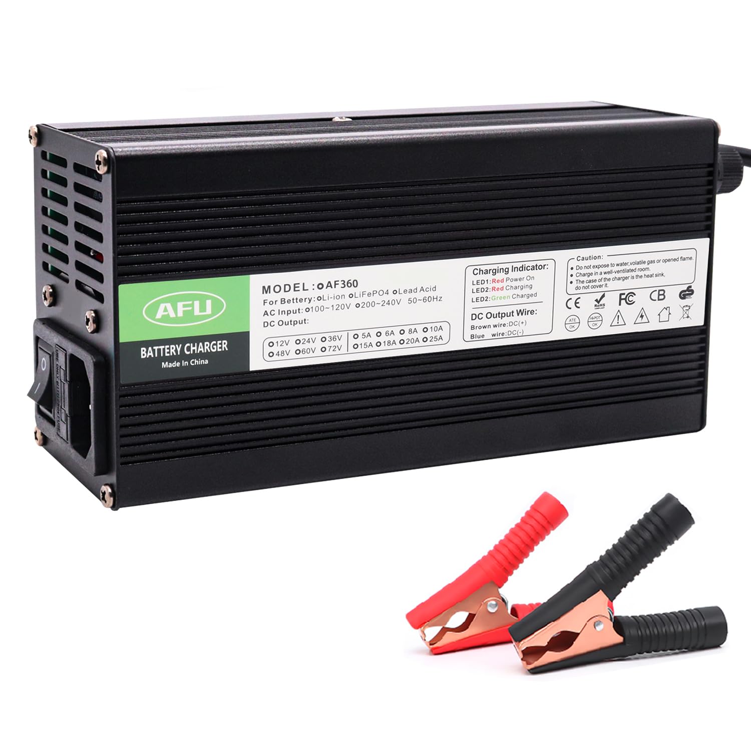 AFU 14.6V 20A LiFePO4 4S Battery Portable Charger 12V LiFePO4 Battery Charger Seat Belt Cooling Fan Quick Charging (DC Alligator Clip Connector)