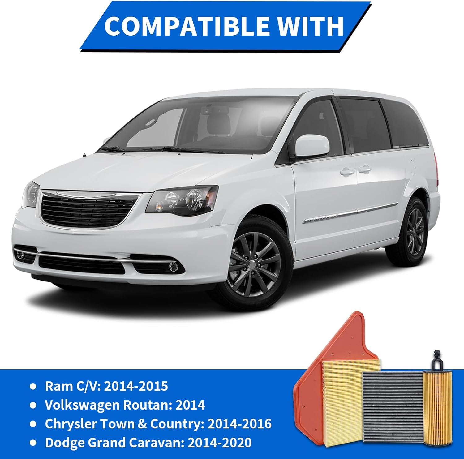 Engine, Cabin Air & Oil Filter kit Compatible With Chrysler Town & Country 2014-2016 Dodge Grand Caravan 2014-2020 Ram C/V 2014-2015 Volkswagen Routan 2014 Replace# CH11665 CF10743 4861737AA