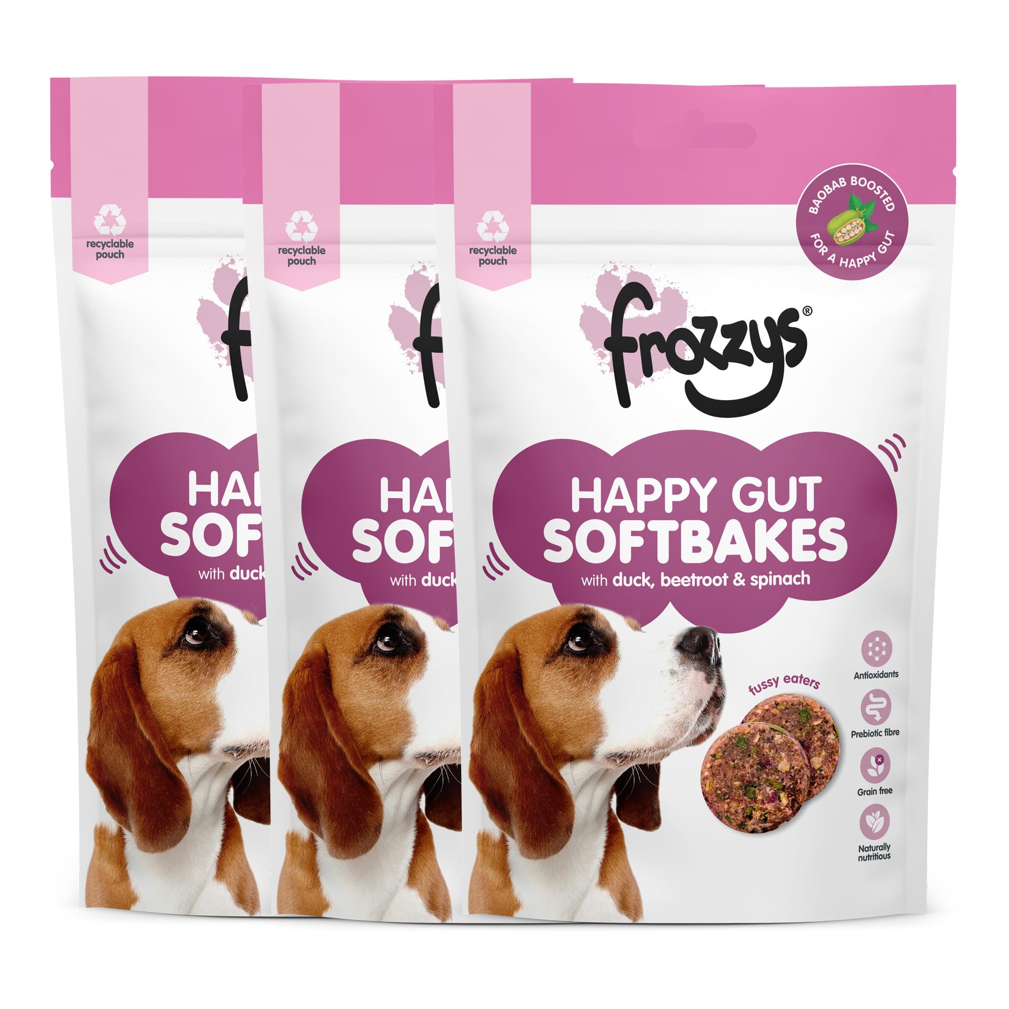 Frozzys Happy Gut Softbakes Grain Free Dog Treats with Prebiotic Fibre & Antioxidants for Gut Health
