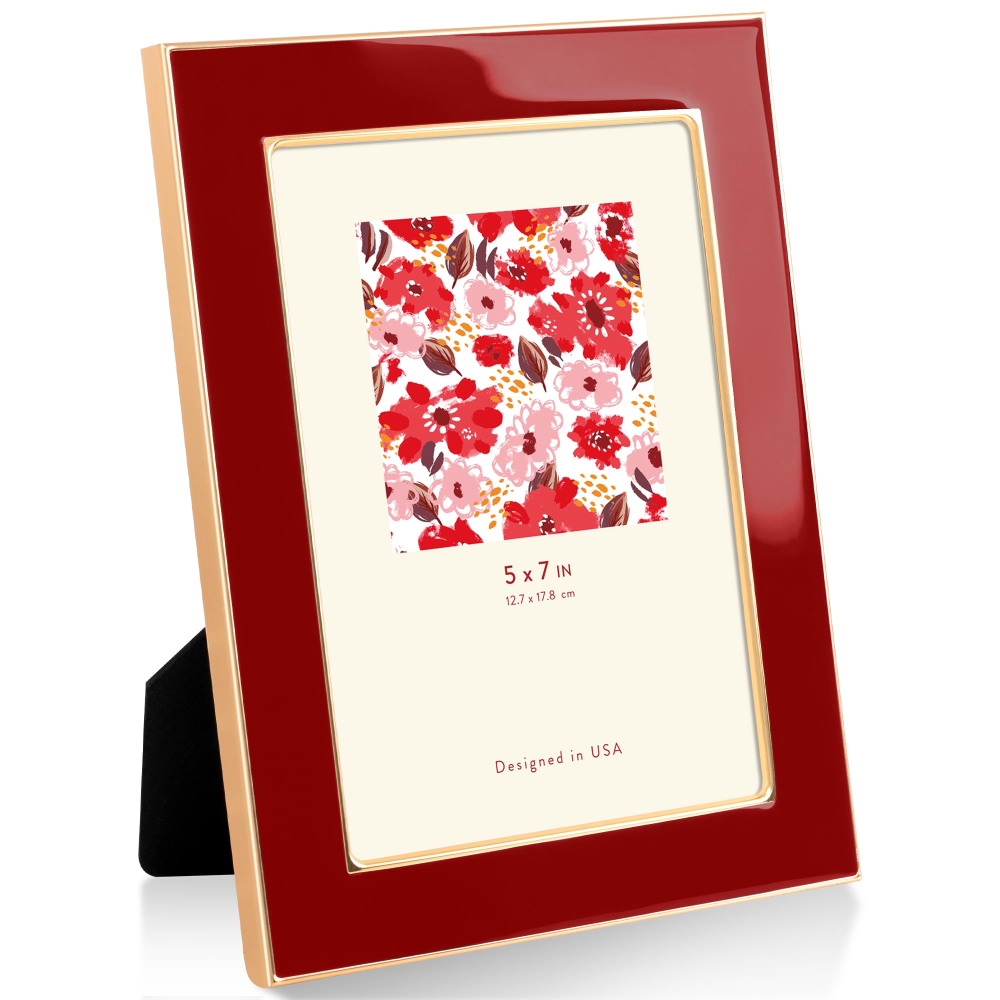 5"x7"(13x18cm) Enamel Picture Frame with Gold Metal Edge, HD Tempered Glass Photo Frame with Velvet Back & Easel Stand for Wall or Tabletop Display Family Office Photo Gallery, Red
