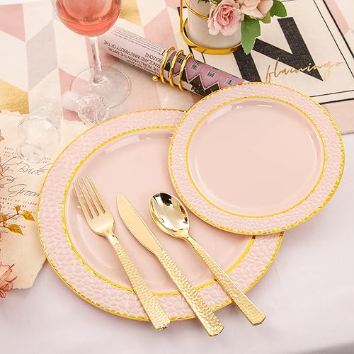 Miniatura 8 de Liacere 150 platos de plástico azul, cubiertos de plástico dorado y platos de plástico rosa de 150 CPS con borde dorado, plástico desechable rosa