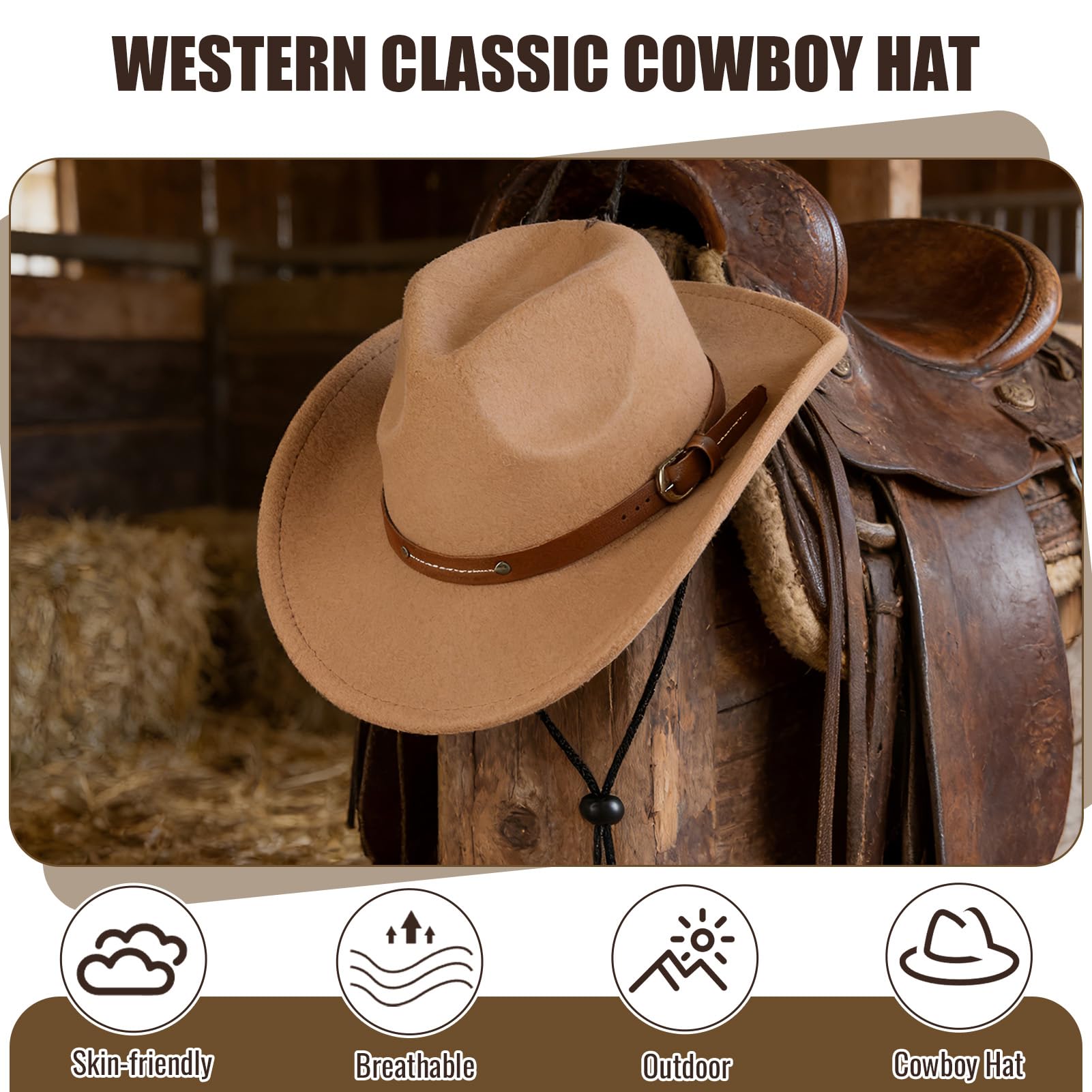 Cowboyhut für Männer und Frauen, Unisex Western Cowboy Hut, Filz Wide Edge Western Cowboy Hut Klassischer Panamahut Outdoor Wide Edge Hut mit Riemen (Camel)