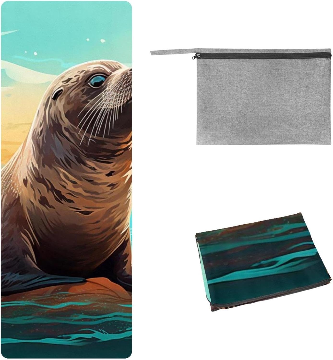 Yoga Towel, Sea Lion Pattern Non Slip Sweat Absorbent Hot Yoga Mat Towel for Hot Yoga, Pilates and Fitness - 72.8" x 26.8"