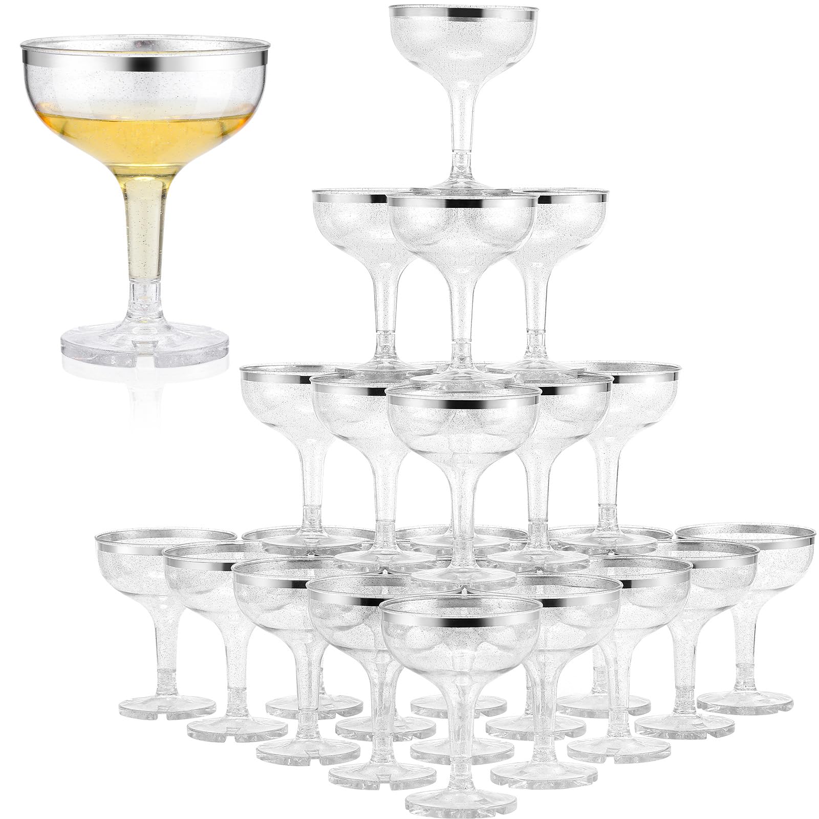Zopeal 50 copas de champán de plástico de 5 onzas, vasos de plástico inastillables, vasos de cóctel desechables, apilables y reutilizables, copas de vino para bodas (borde plateado, purpurina