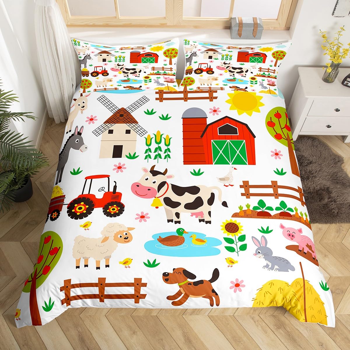 Cartoon Tractor Bedding Set Super King Size, Cute Farm Animals Comforter Cover Kids Toddler Farmhouse Duvet Cover Cute Farm Animals Bedspread Cover 3Pcs With 2 Pillow Case
