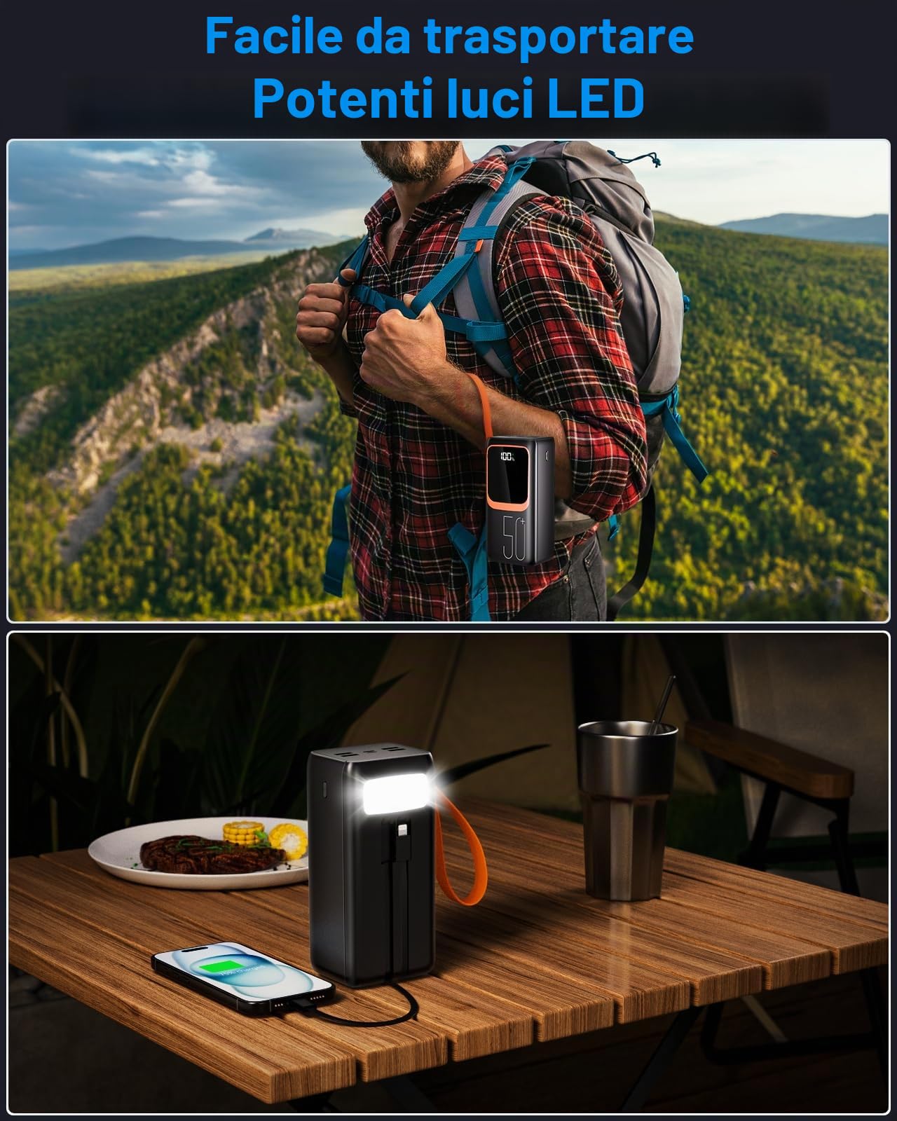 Power Bank da 50000 mAh con cavo integrato: batteria esterna da 22,5 W a ricarica rapida con grande capacità, caricatore portatile con torcia a LED e 7 uscite e 3 ingressi 2 × 25000 mAh