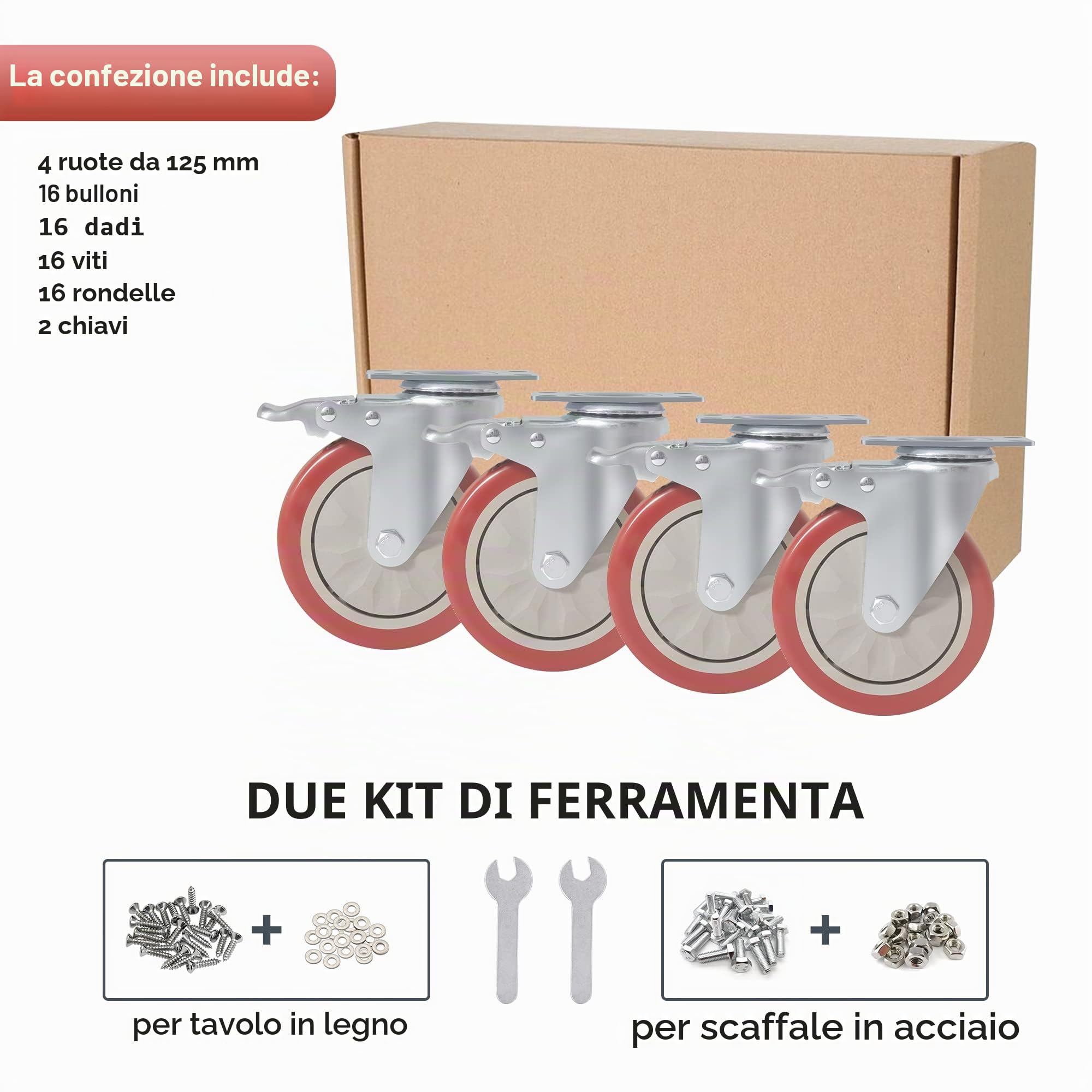 4 Ruote per Carrello con Freno, Ruote Girevoli da 125 mm Ruote per Mobili carico di 800 kg, Rosso Ruota Girevole con Vite per Pallet, Ruota Girevole 360° Ruote Gomma Antigraffio