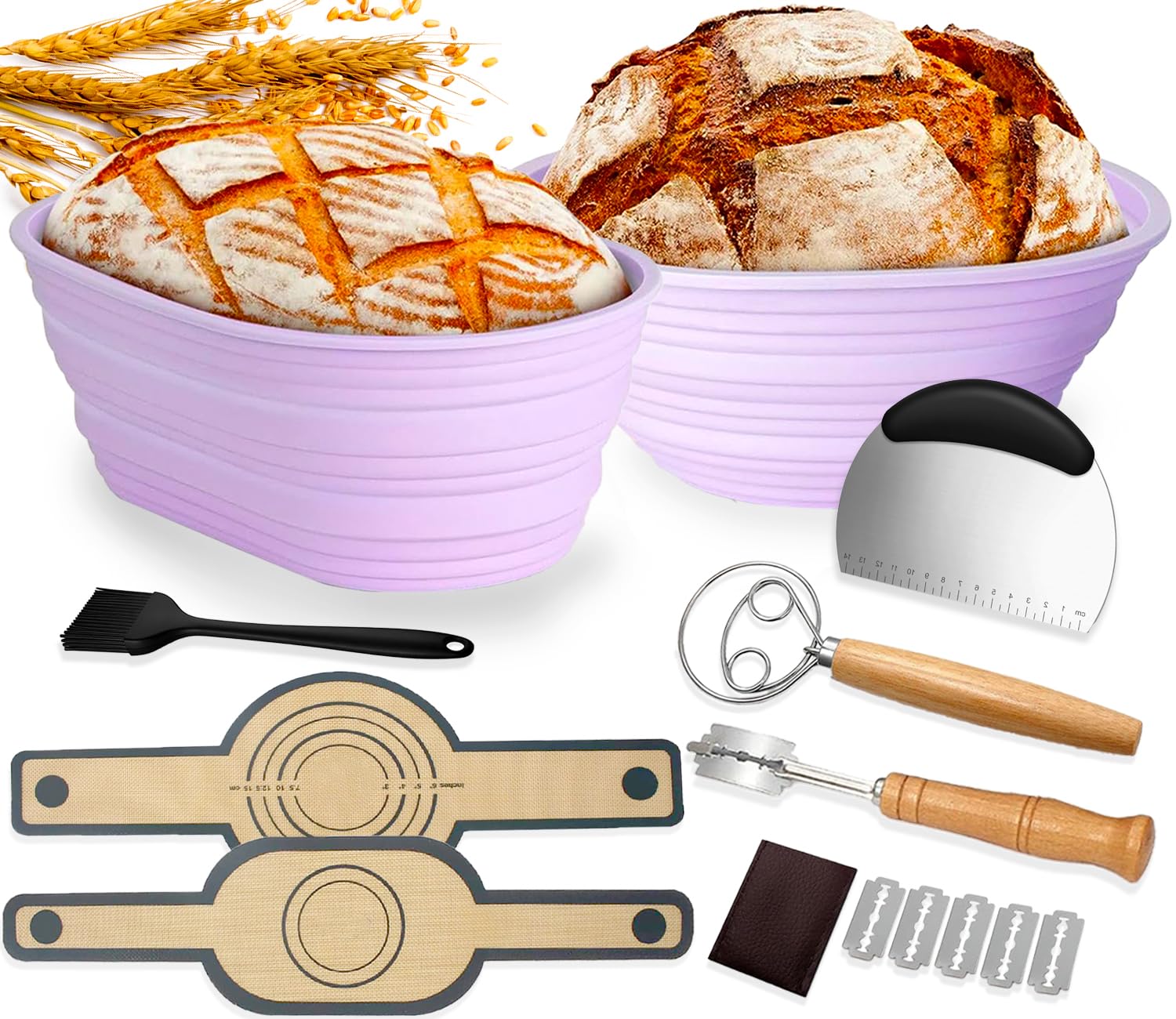 Banneton pour Pain-Silicone Banneton pour Pain au Lieu de Panier Osier,Corbeille Panier a Pain Sourdough Starter Kit avec Accessoire Patisserie,Paniere a Pain,Lame Boulanger et Fouet Danois