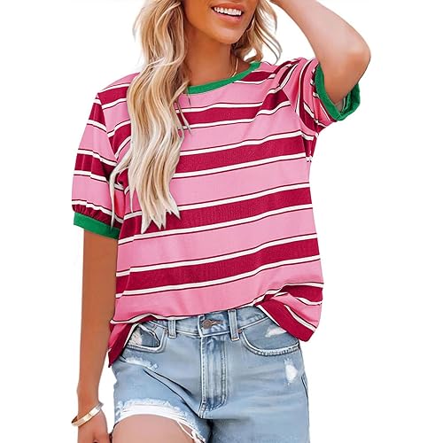 Womens Tops Cotton Casual Color Block Striped Short Sleeve Shirts Crewneck T Shirts Loose Basic Tee Blouses