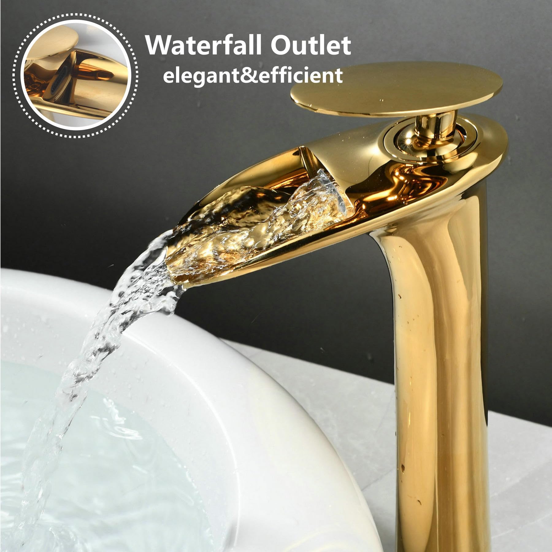 Gold Badezimmer Gefäß Wasserhahn SHUNLI Wasserfall Badezimmer Gefäß Waschbecken Wasserhahn Einloch Hoch Badezimmer Wasserhahn Massives Messing