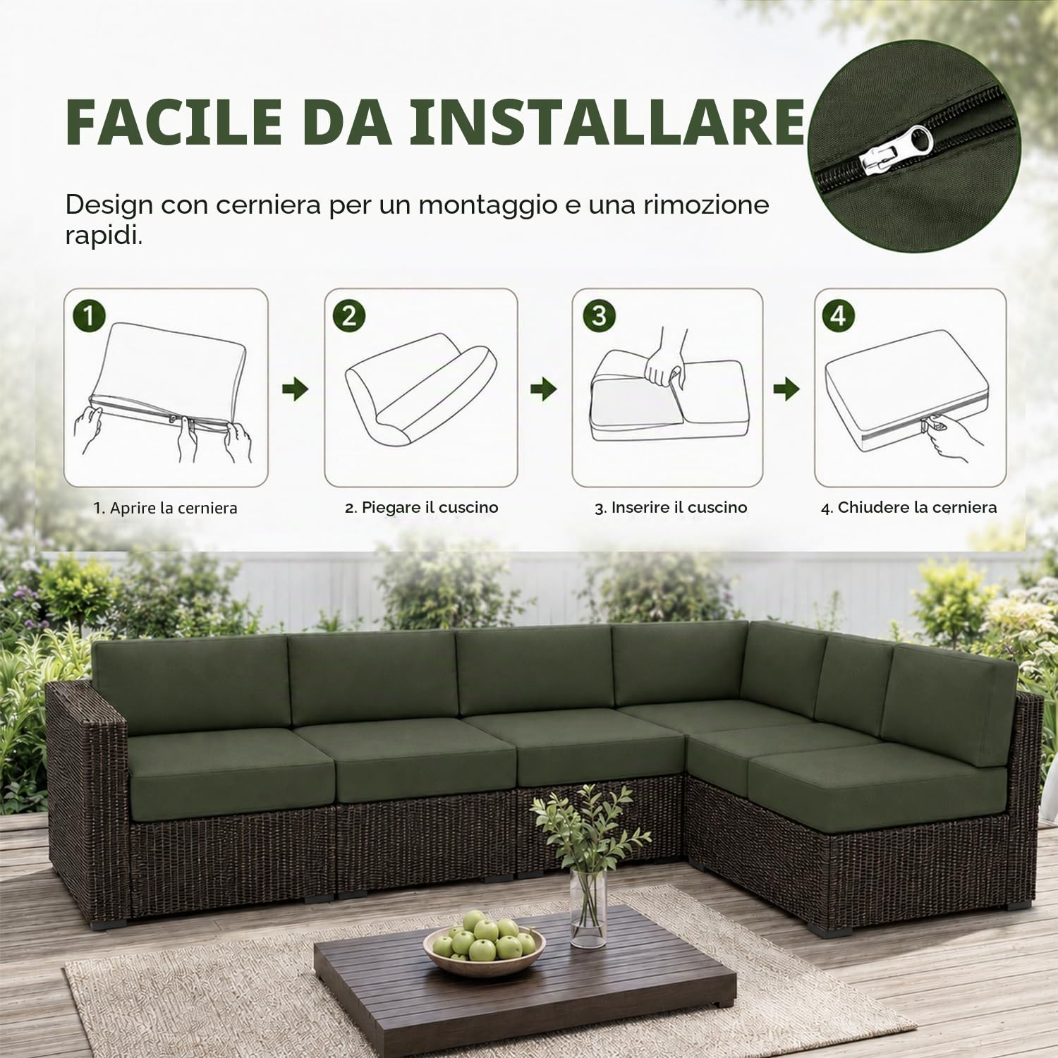 Hiseng Copriseduta Divano Impermeabile da Esterno 2 pezzi Fodera per Cuscini del Divano da Giardino con Cerniera, Coprisedile Sostitutivi Universale per Divano e Sedile (60x55x10cm,Matcha)