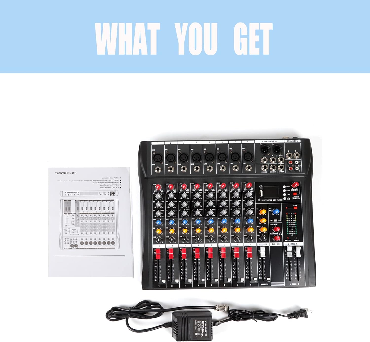 8 Channel Mixer Bluetooth Audio Mixer USB Compact Mixer Sound Board Console for Professional and Beginners