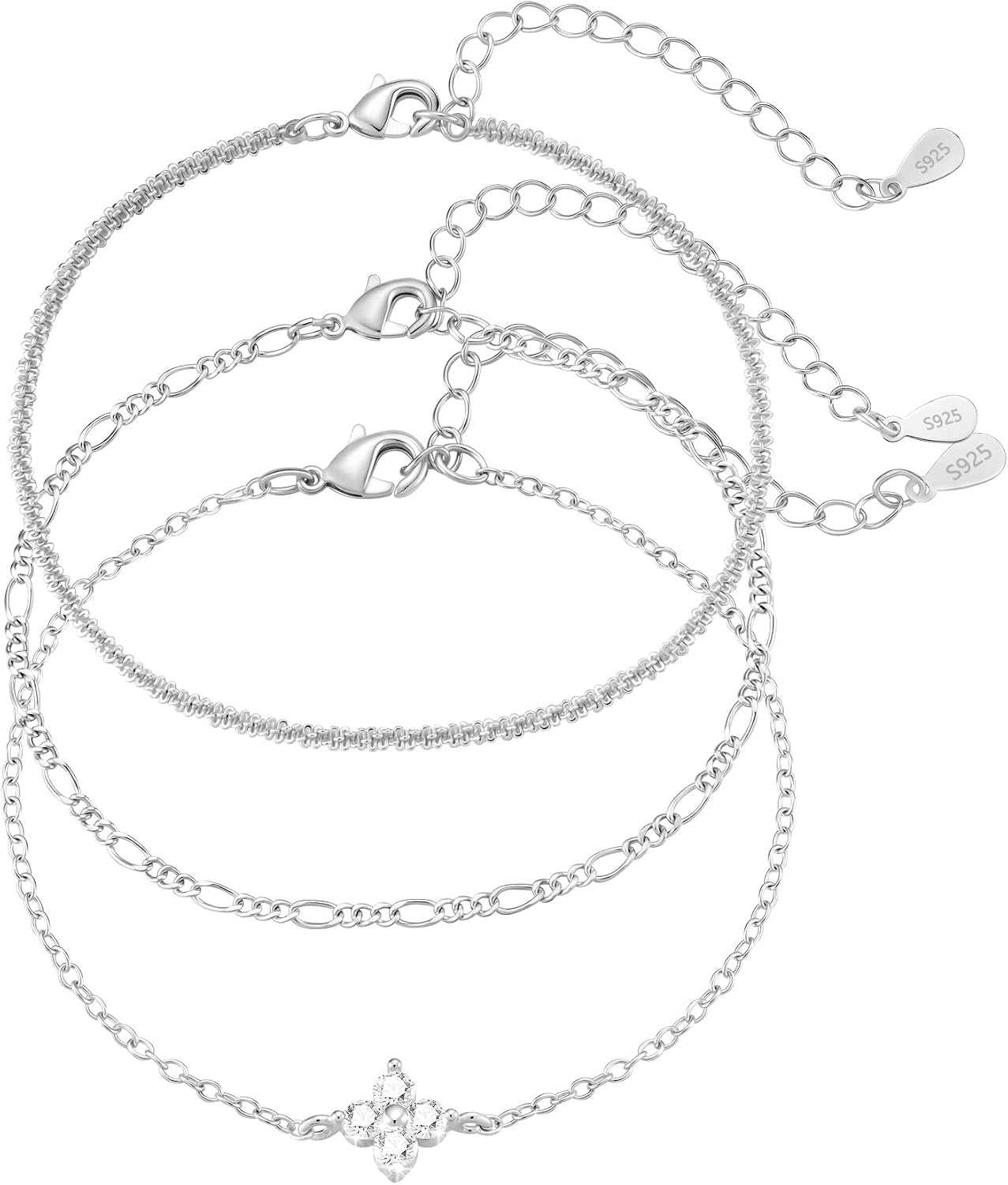 Womens Bracelet 925 Sterling Silver Bracelet Set of 3 Adjustable Stackable Figaro Beads Chains Bracelets Jewellery Gifts for Women