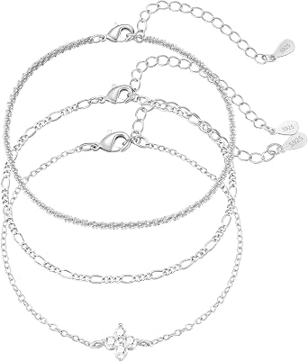 3Pcs Silver Chain Bracelets,925 Sterling Silver Bracelet Adjustable Stackable Figaro Tennis Bracelet Jewellery Gifts for Women