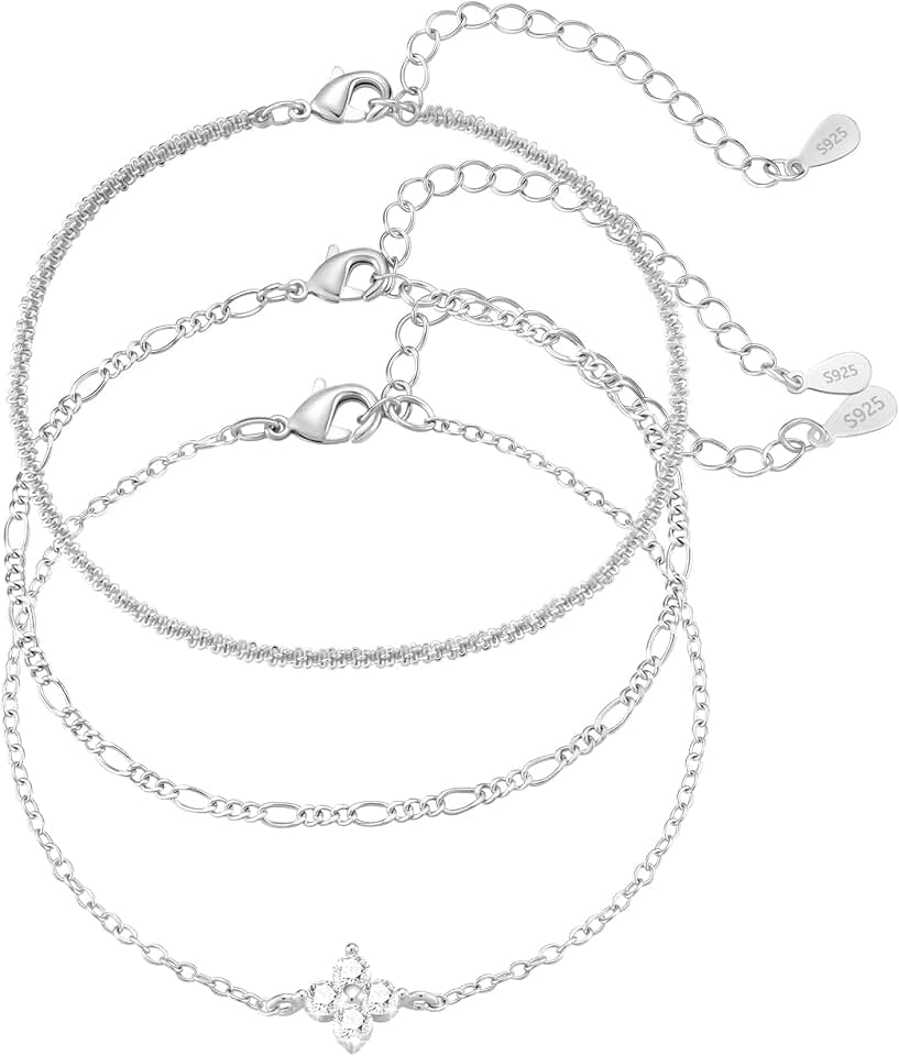 Diorra 3 Stück Armband Damen Silber, 925 Sterling Silber Armband Set Verstellbare Stapelbare Figaro 