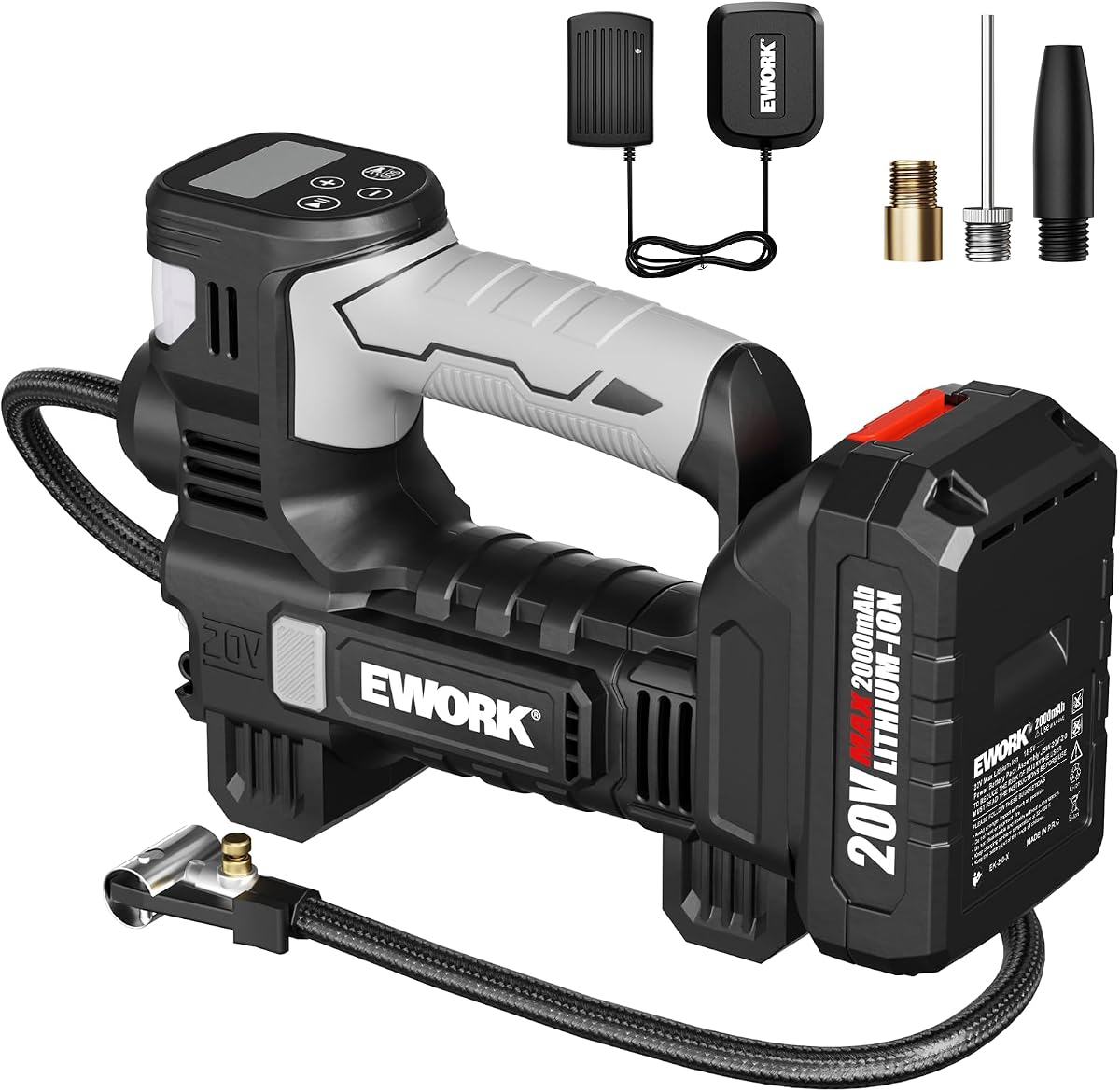 Inflador de neumáticos de 20 V Compresor de aire portátil para neumáticos de coche con batería y cargador, bomba de aire inalámbrica con manómetro digital y apagado automático, bomba de neumáticos rápida para coche, moto y bicicleta