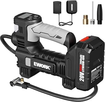EWORK 20V Tire Inflator Portable Air Compressor for Car Tires with Battery & Charger, Cordless Air Pump with Digital Pressure Gauge & Auto Shut Off, Fast Tire Pump for Car, Motorcycle & Bike