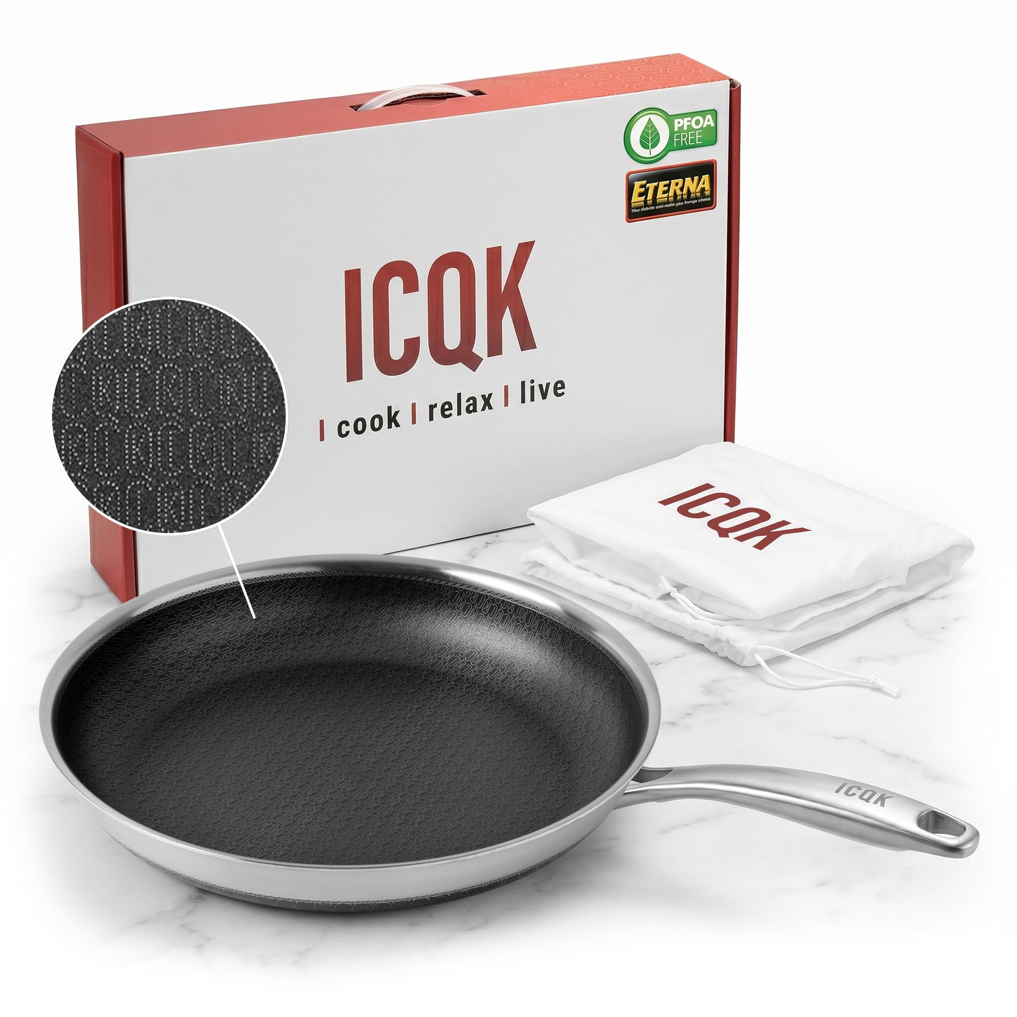 Padella Antiaderente Triplo Strato (Acciaio Inox + Alluminio) Diametro Ø 20 cm, Antigraffio, NO PFOA, Per Piano Cottura Induzione, Ceramica, Elettrico, Gas, Forno, Manico Anti Scottatura, Fry Pan