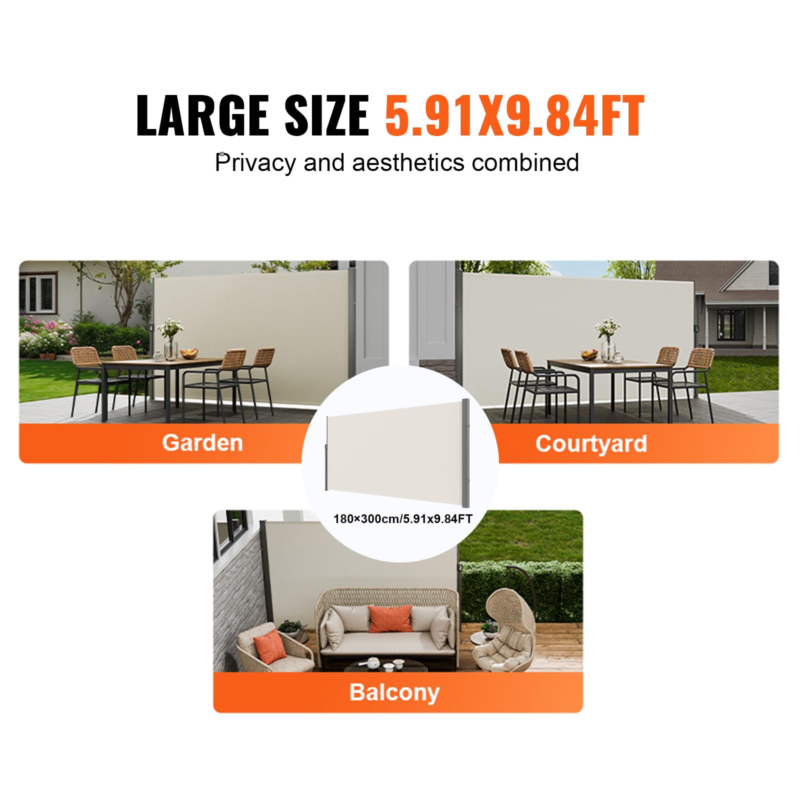 VEVOR Toldo Lateral Retráctil Pantalla de Privacidad al Aire Libre 180x300 cm Toldo Lateral contra Viento Impermeable de Poliéster Divisor de Habitación UV 30+ para Patio, Jardín, Balcón, Beige