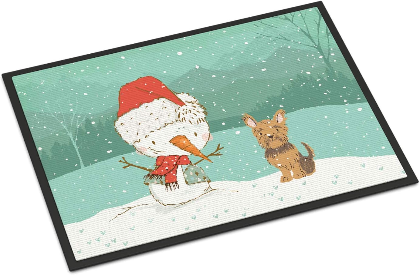 Caroline's Treasures CK2098MAT Yorkie Cropped Ears Snowman Christmas Doormat 18x27 Front Door Mat Indoor Outdoor Rugs for Entryway, Non Slip Washable Low Pile, 18H X 27W