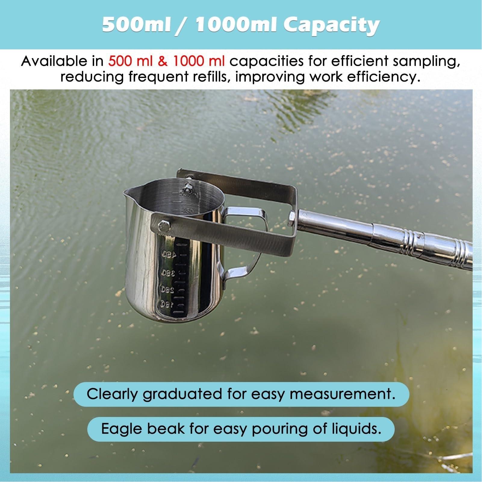 500ml Cuillère D'échantillonnage d'eau Télescopique à Long Manche,304 Acier Inoxydable Perche de Prélèvement D'échantillons d'eau avec Tasse Graduée(Size:1.23-5m/4-16.4ft)