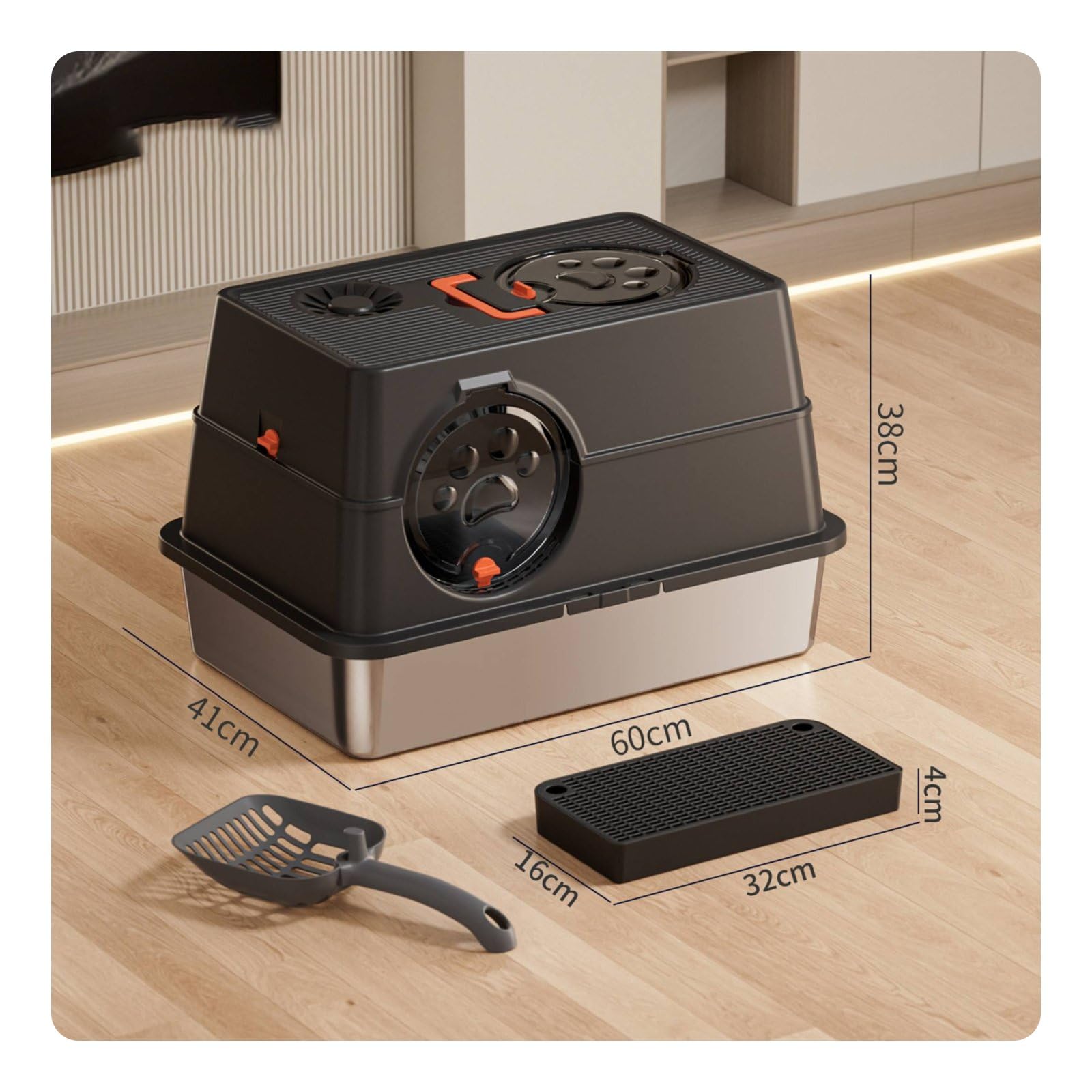 Caja de Arena para Gatos Contenedor de Arena Bandeja Arenero Acero Inoxidable con Tapa Envolvente y Compartimento Antiolor Superficie Suave Que No, Negro