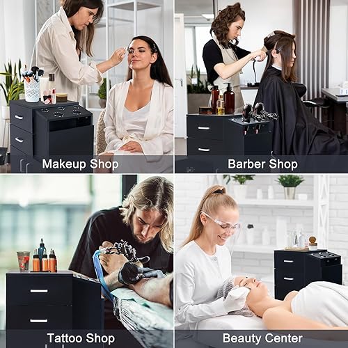 Miniatura 7 de Winado Carrito de salón con ruedas, estación de salón con 5 soportes para secador de pelo, 2 cajones, 1 gabinete grande, equipo de estilista para