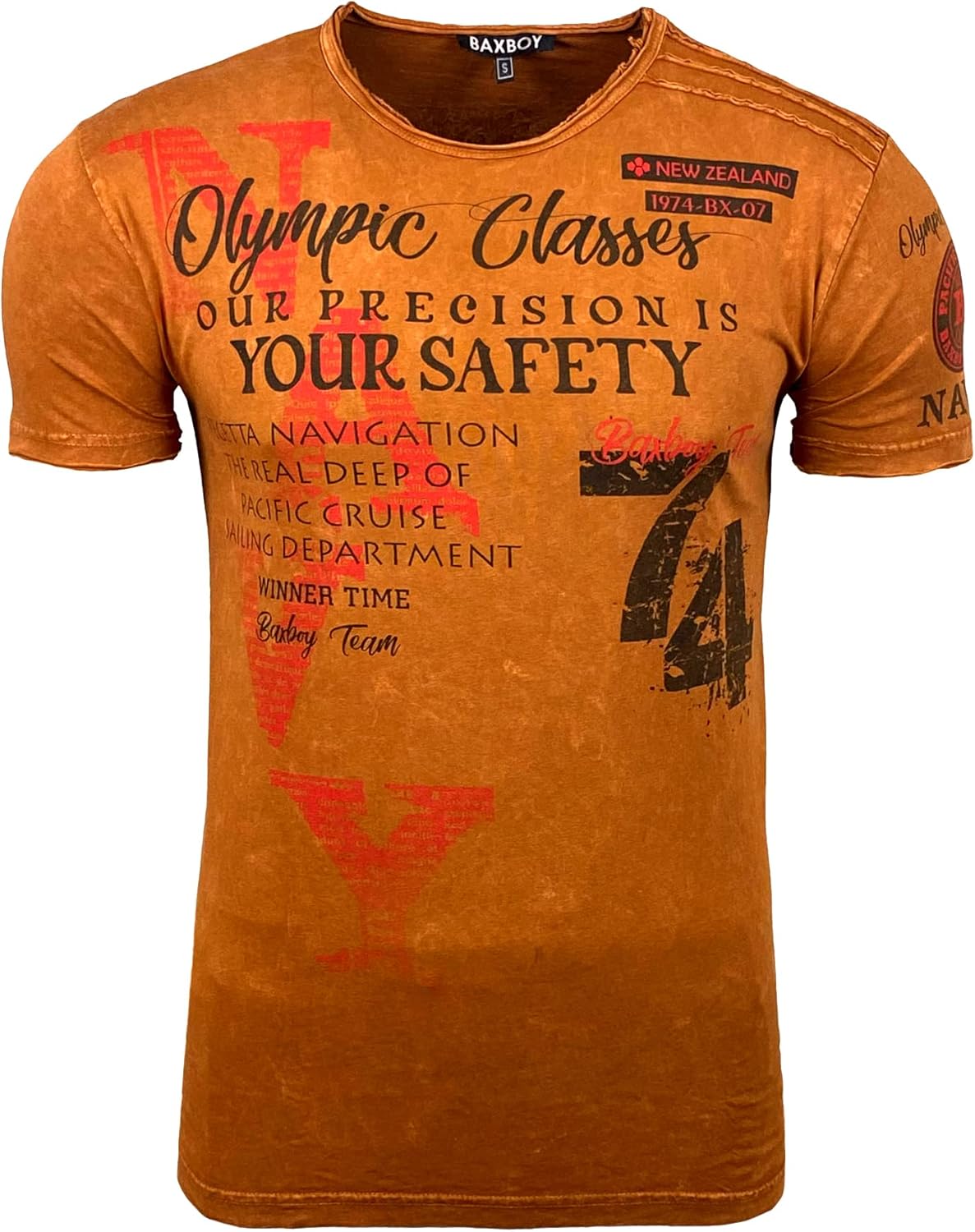 Baxboy men's short-sleeved round neck Washed Vintage Used Look T-Shirt Front & Back Print Regular Fit Washed Tshirt Design B-119