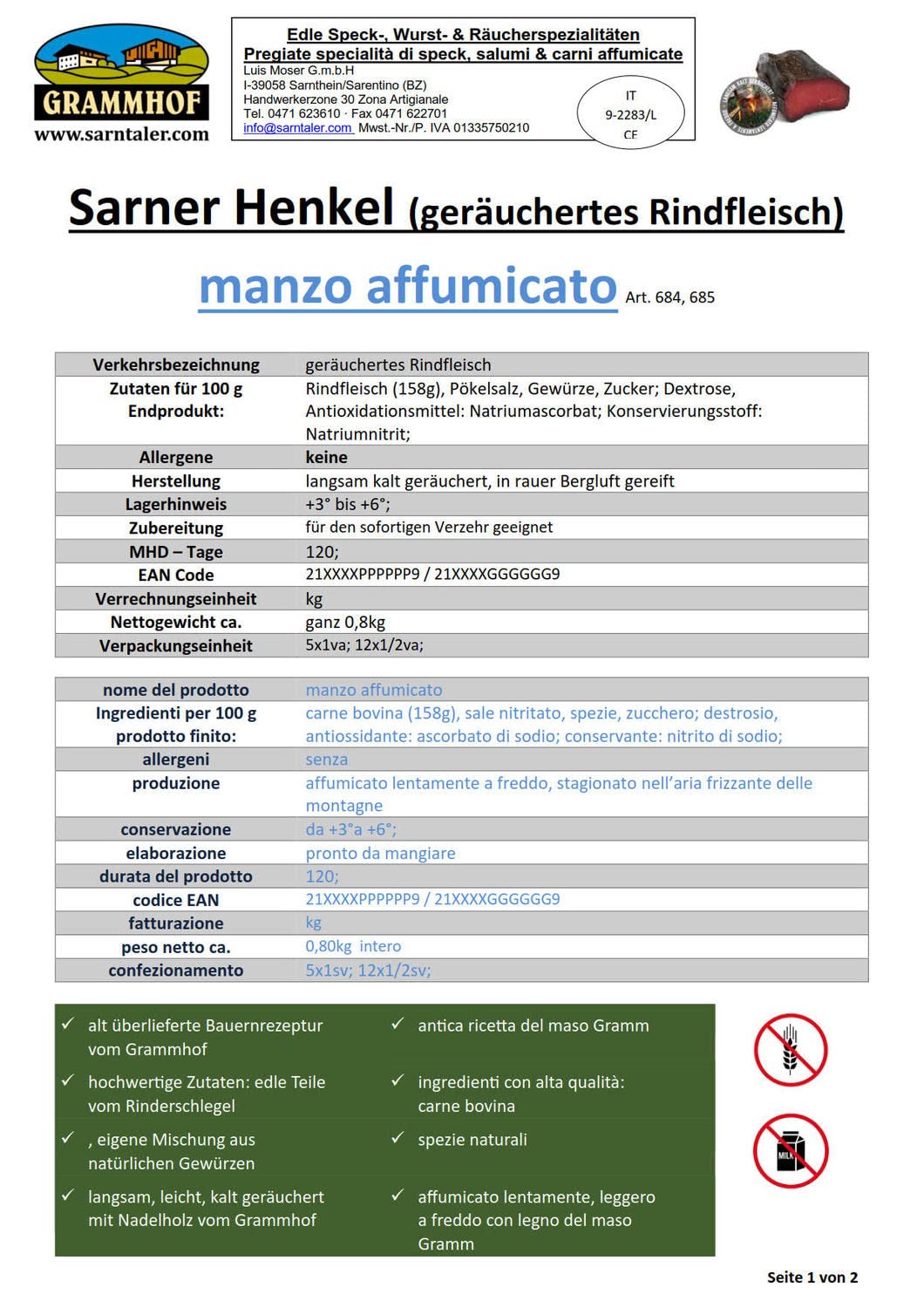 Sarntaler Rindshenkel Rindsgeselchtes L. Moser ca. 300 gr.