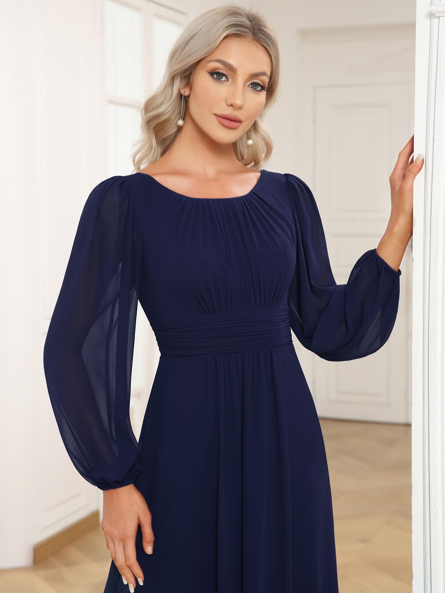 Ever-Pretty Robe Demoiselle d'honneur Femme Longue Manches Longues Col Rond Mousseline Chic ES0106B
