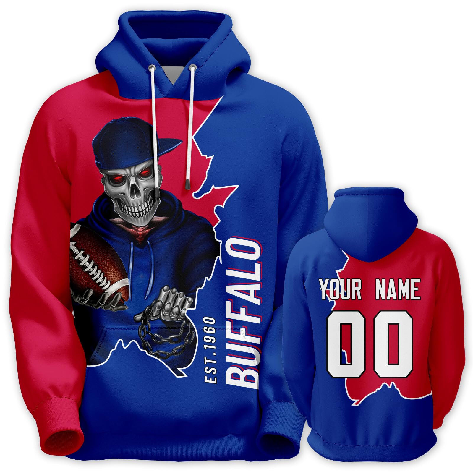 SEAGGS Custom Skull Football Hoodies Printed Name Number Pullover Sweatshirts with Pocket Fans Gift For Men Women Youth