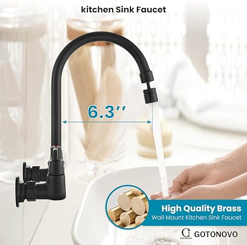 Miniatura 4 de gotonovo Grifo de cocina de montaje en pared negro mate de 8 pulgadas centro ajustable de 360 grados giratorio de 360 grados grifo de fregadero de