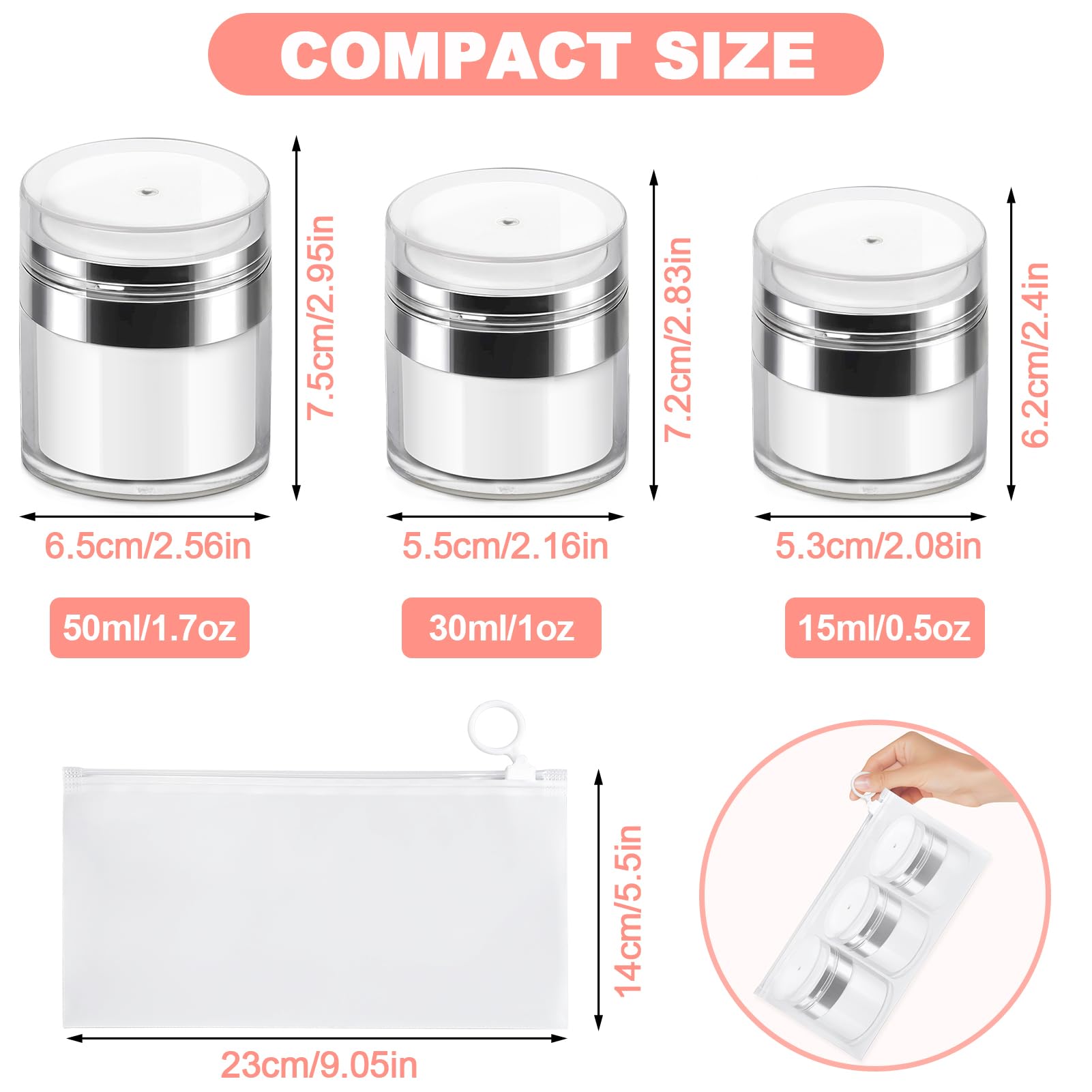 Airless Pump Jars, Refillable Cosmetic Moisturizer Airless Pump Jar 3 Pack Bottles Travel Size for Cream, Gels and Lotion with Silicone Spatula 0.5oz 1oz 1.7oz