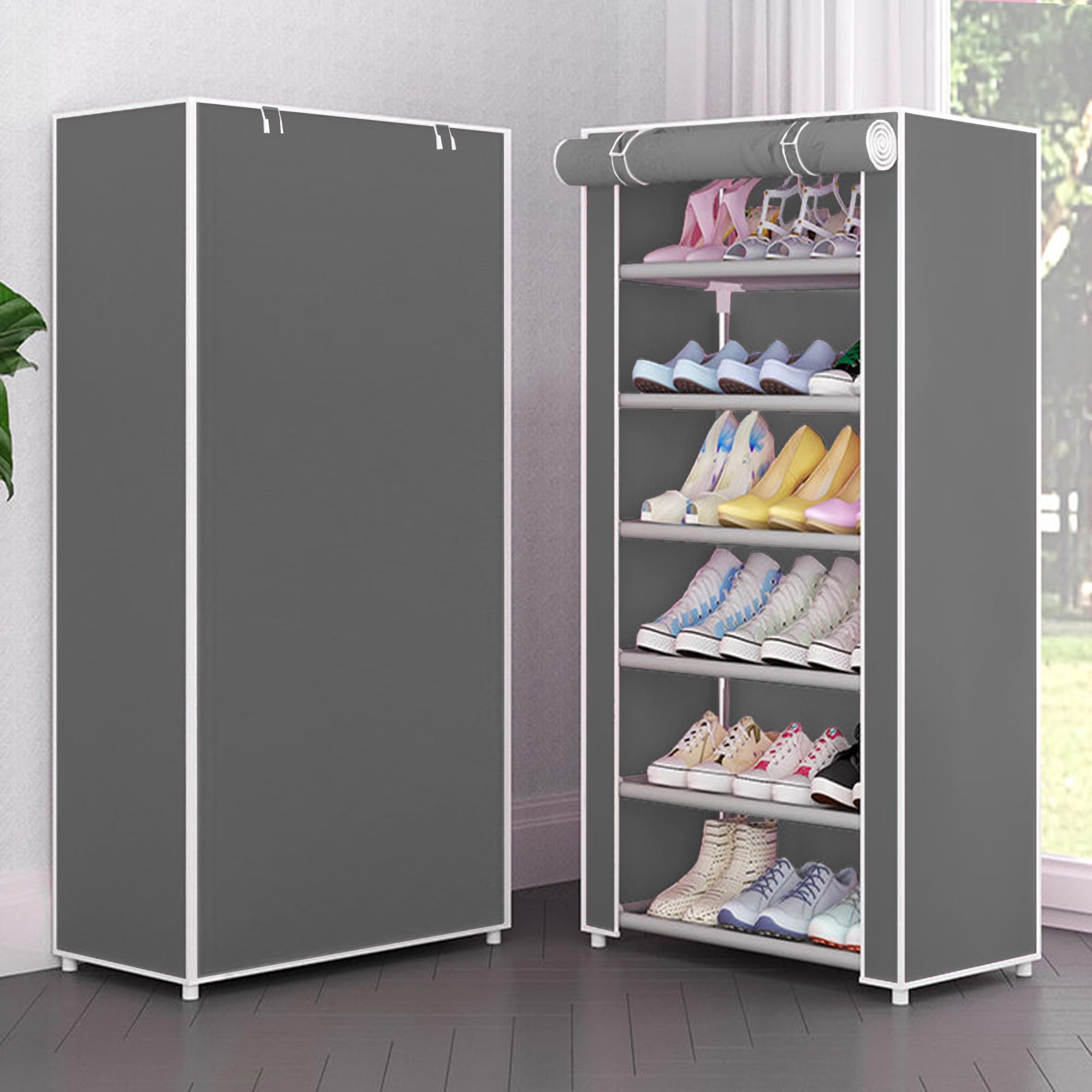 BEMITH 6 Layer Shoe Rack Plastic - Shoe Stand for Home with Non Woven Cover, Chappal Stand for Home, Shoe Rack Organizer Dustproof Cover for Heels/Slippers/Boots for Entryway or Bedroom Grey (B0DHQJVL99) Amazon Price History, Amazon Price Tracker
