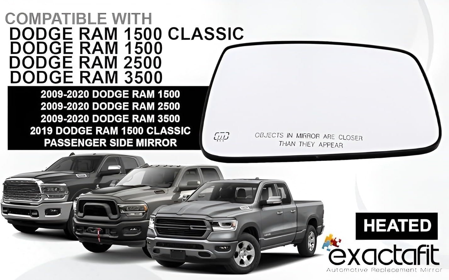 Passenger Side Mirror Glass For 2009-2018 Dodge Ram 1500 2500 Pickup Truck Right Door Convex Mirrors With Backing Plate 68079362AA 68050298AA Power Heated Defrost